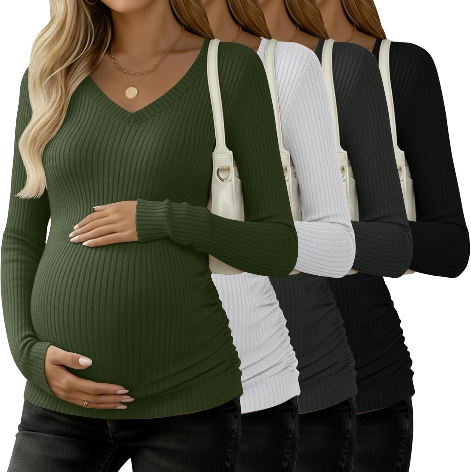 4 Pack Women's Maternity Shirts, Cotton Long Sleeve Pregnancy Tops Ribbed V Neck Slim Fit Maternity Clothes