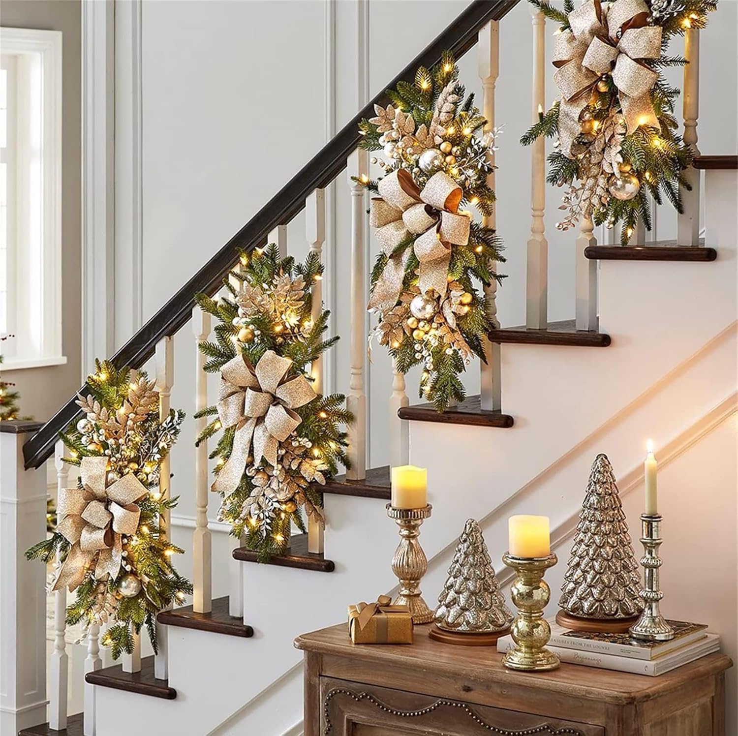 4Pcs 24 in Prelit Teardrop Swag, Stairway Decorations with Christmas Balls 30Light Swag, Wreaths for Staircase Front (Gold)