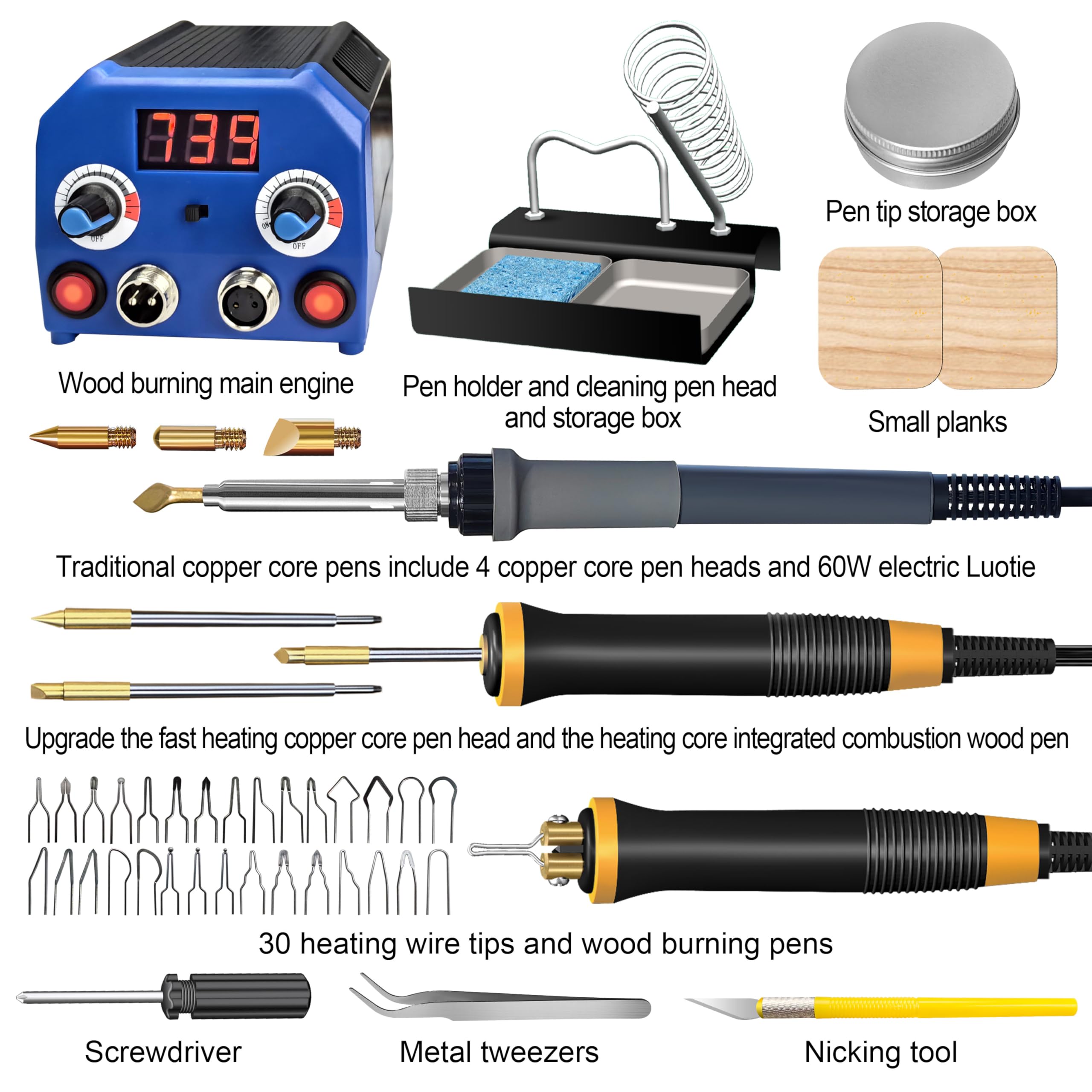 FIRElood LH55-3-3 Holzbrenner-Set, 25 ~ 750 ℃ Holzbrenner-Set mit digitalem Thermometer, einstellbare Temperatur, 3 pyrographische Holzbrennstifte, 37