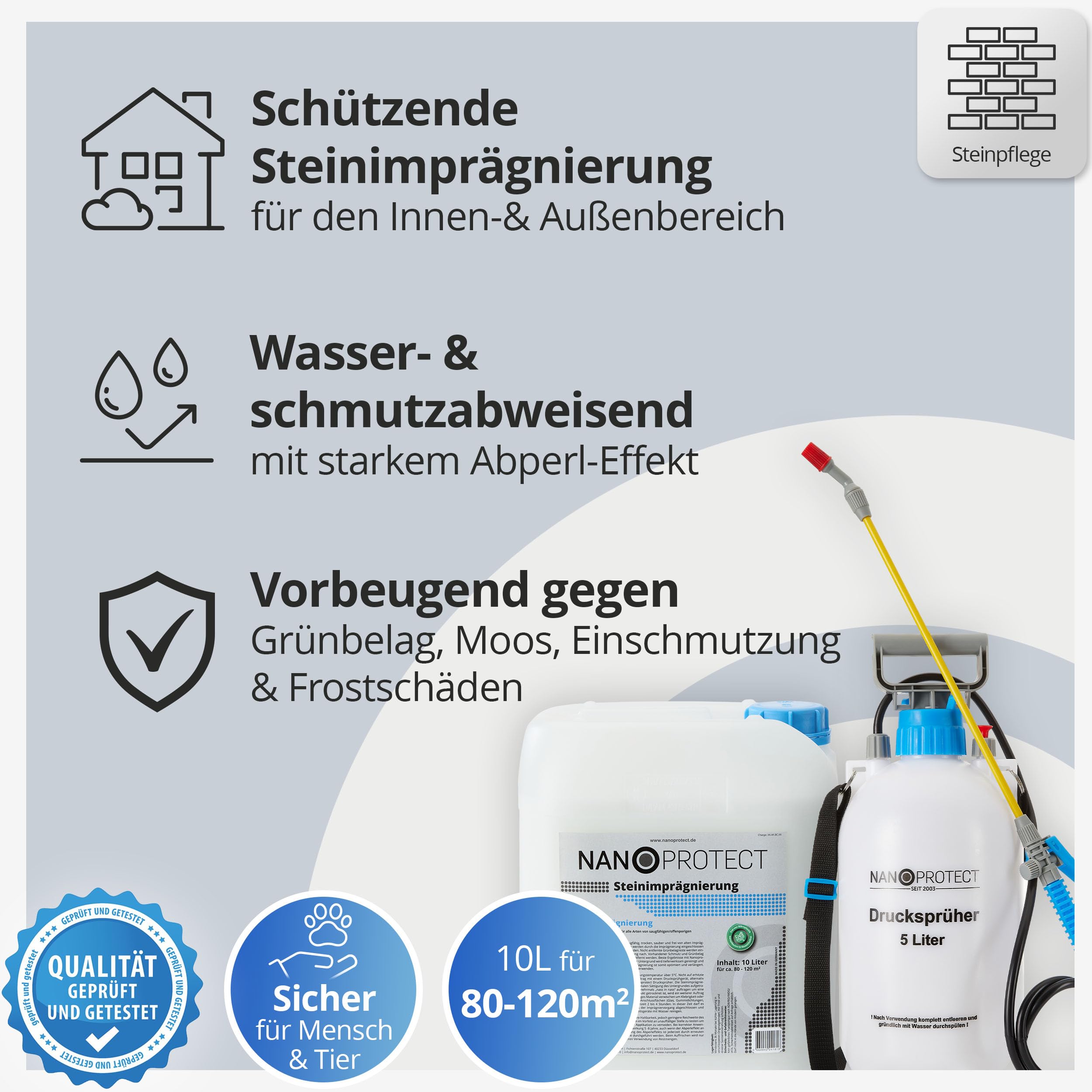Nanoprotect 10 L Steinimprägnierung inkl. Drucksprüher für 80-120 m² | Außen und Innen | Profiqualität für Terrasse, Einfahrt, Gehweg, Dach, Fassade | Atmungsaktiv | Gegen Schmutz und Grünbelag