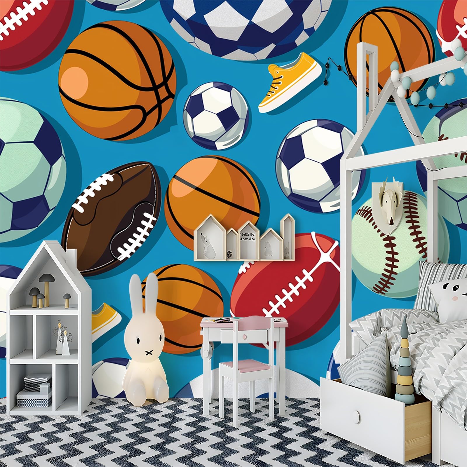 Fototapeta 250 x 175 cm, z kreskówki, piłka nożna, koszykówka, efekt 3D, tapeta z włókniny, nowoczesna tapeta ścienna, do salonu, sypialni, pokoju dziecięcego, kolorowa, idealna do kuchni i różnych