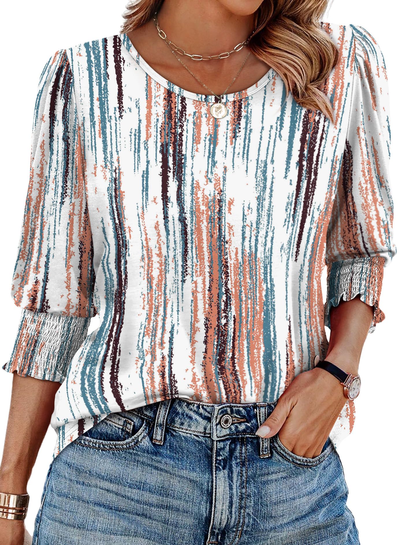 XIEERDUO Blouses for Women Dressy Casual 3/4 Length Sleeve Womens Tops with Smocked Cuffs
