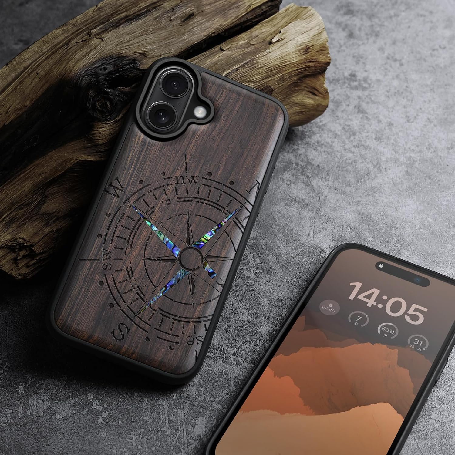 Carveit Magnetic Wooden Case for iPhone 16 Case, Wood Artisan Engraved & Handmade Shell Inlaid, TPU Shockproof Cover, Compatible with MagSafe Wireless Chargers (Incomplete Compass) Blackwood