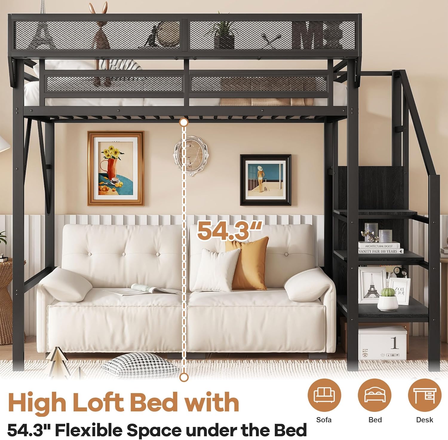 Loft Bed Twin XL Size, Metal Loft Bed Frame with Stairs, Storage Shelves, Wardrobe, Heavy-Duty Noise-Free, No Box Spring Required, Easy Assembly, Black