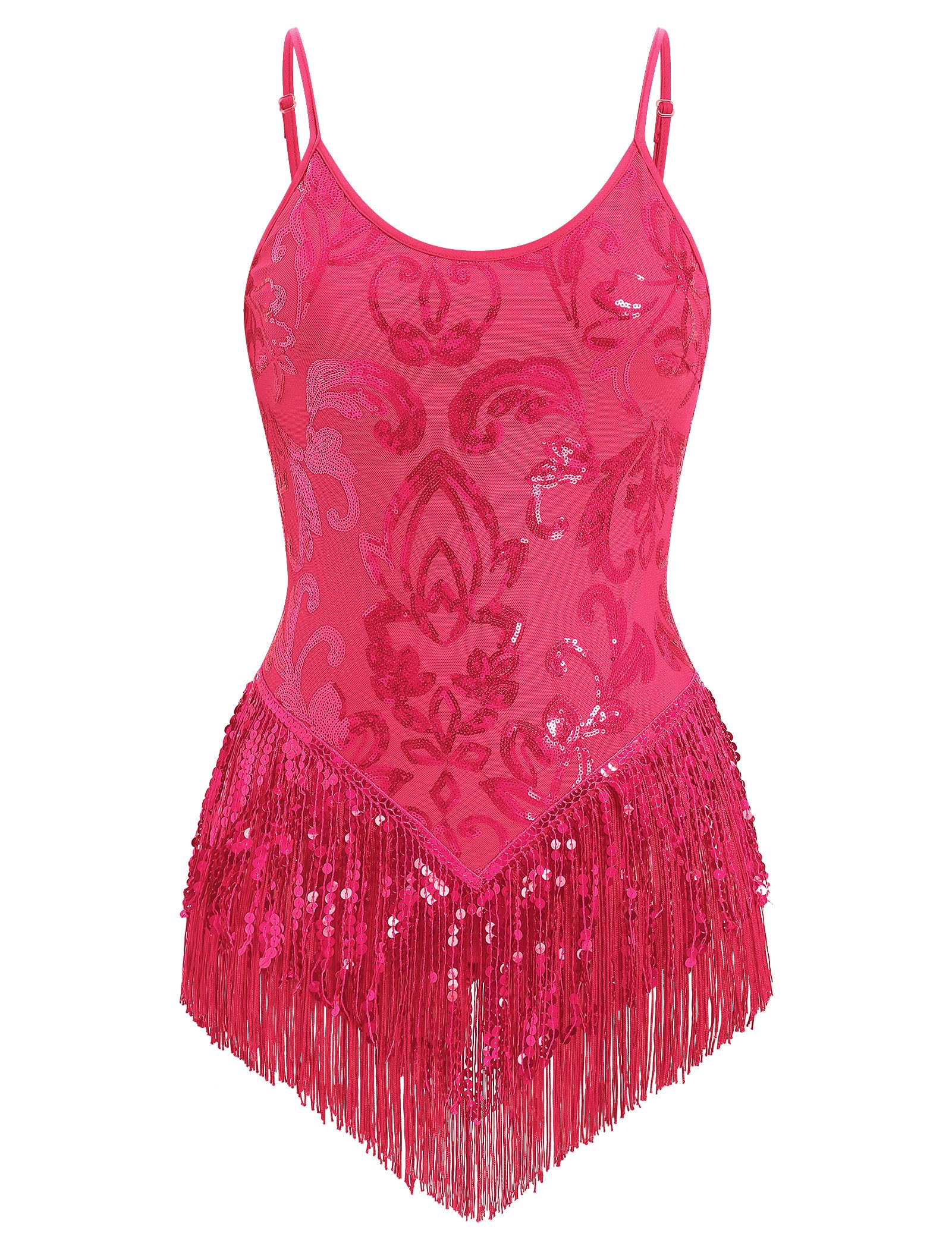 IBAKOM Women Sexy Sequins Fringe Bodysuit Sparkly Tassel Latin Jazz Dance Acrobat Costume Adult Trapeze Artist Rave Outfits: Hot Pink Small