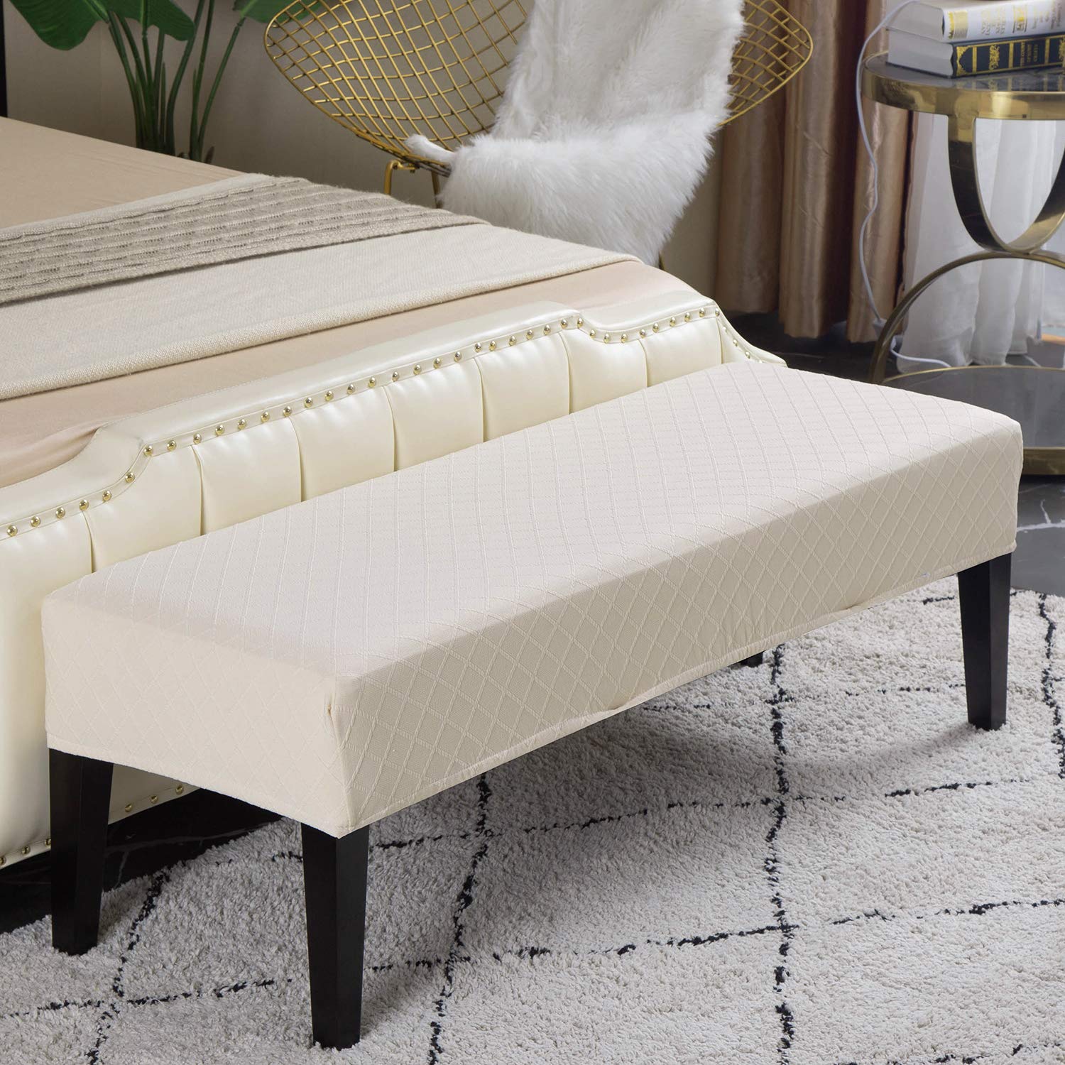 Bench Covers | Washable Bench Slipcovers Rectangle for Dining Room with Bottom Elastic | Stretch Furniture Protector Cover for Living Room, Kitchen, Bedroom, Piano (Plaid-Beige)