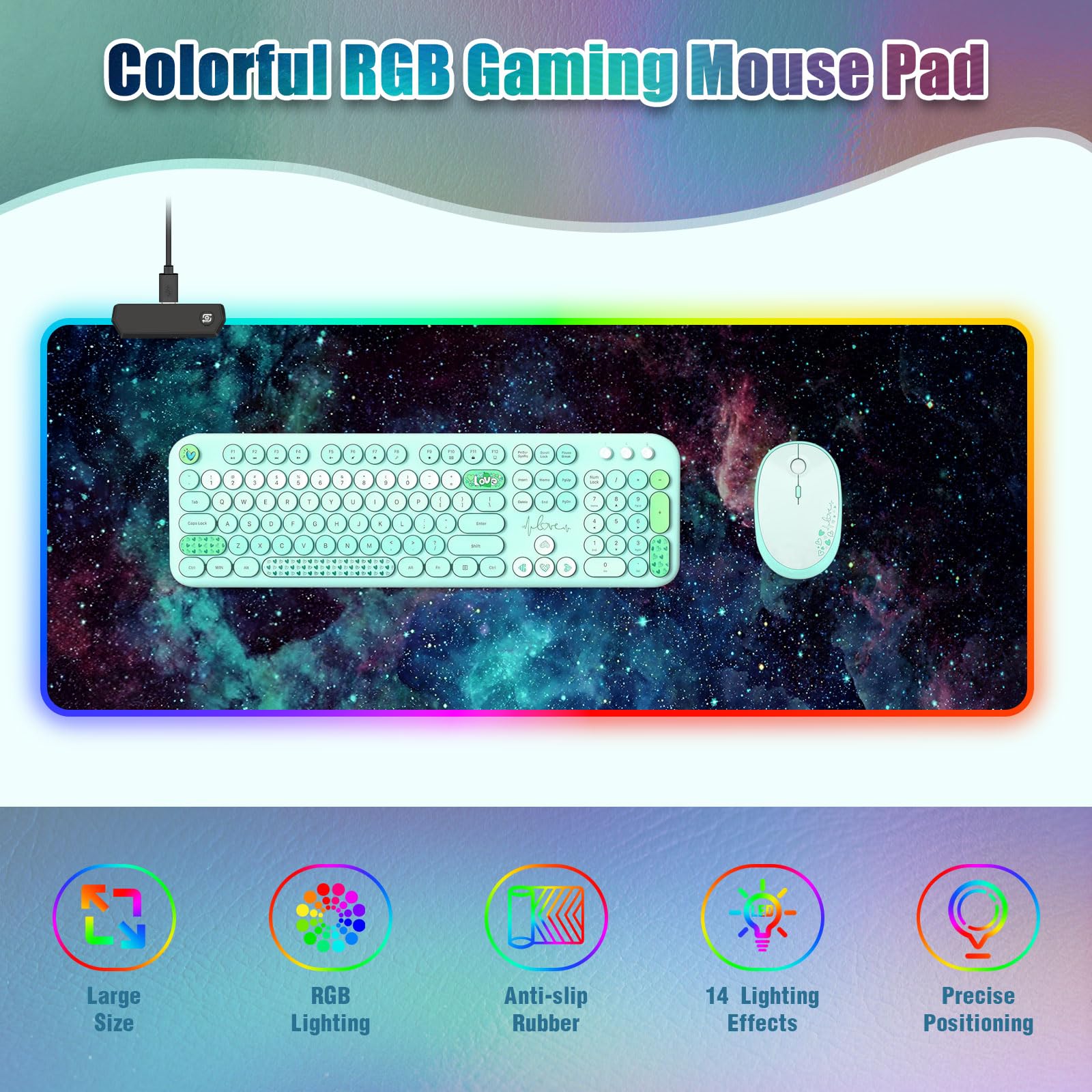 Tapis de souris RVB LED I 80 x 30 cm Grand tapis de souris surdimensionné 14 modes d'éclairage LED Base en caoutchouc antidérapante Tapis de clavier imperméable pour jeux sur PC Nébuleuse stellaire