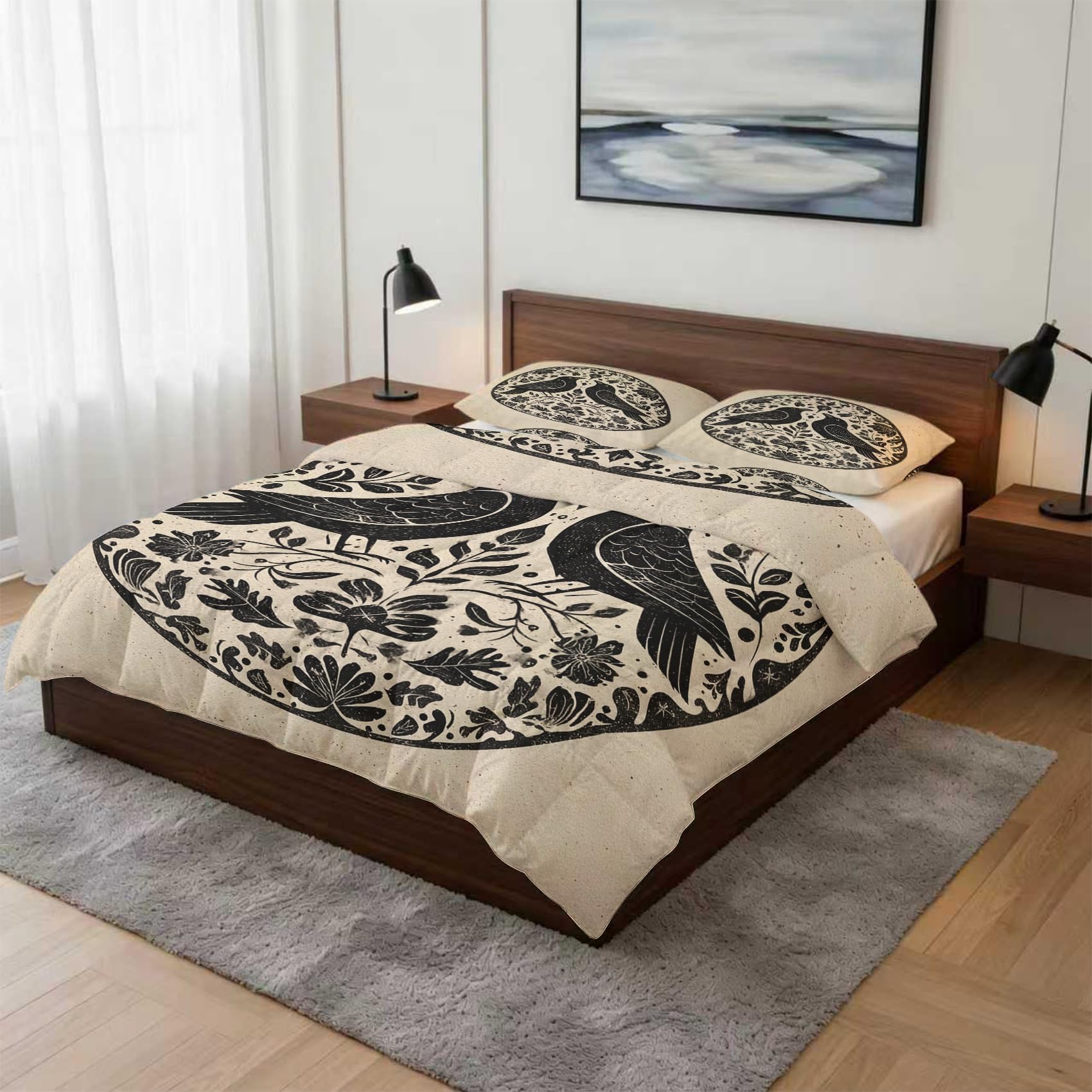 Couette 200x200 imprimée corbeau gothique avec 2 taies d'oreiller lit 2 personnes