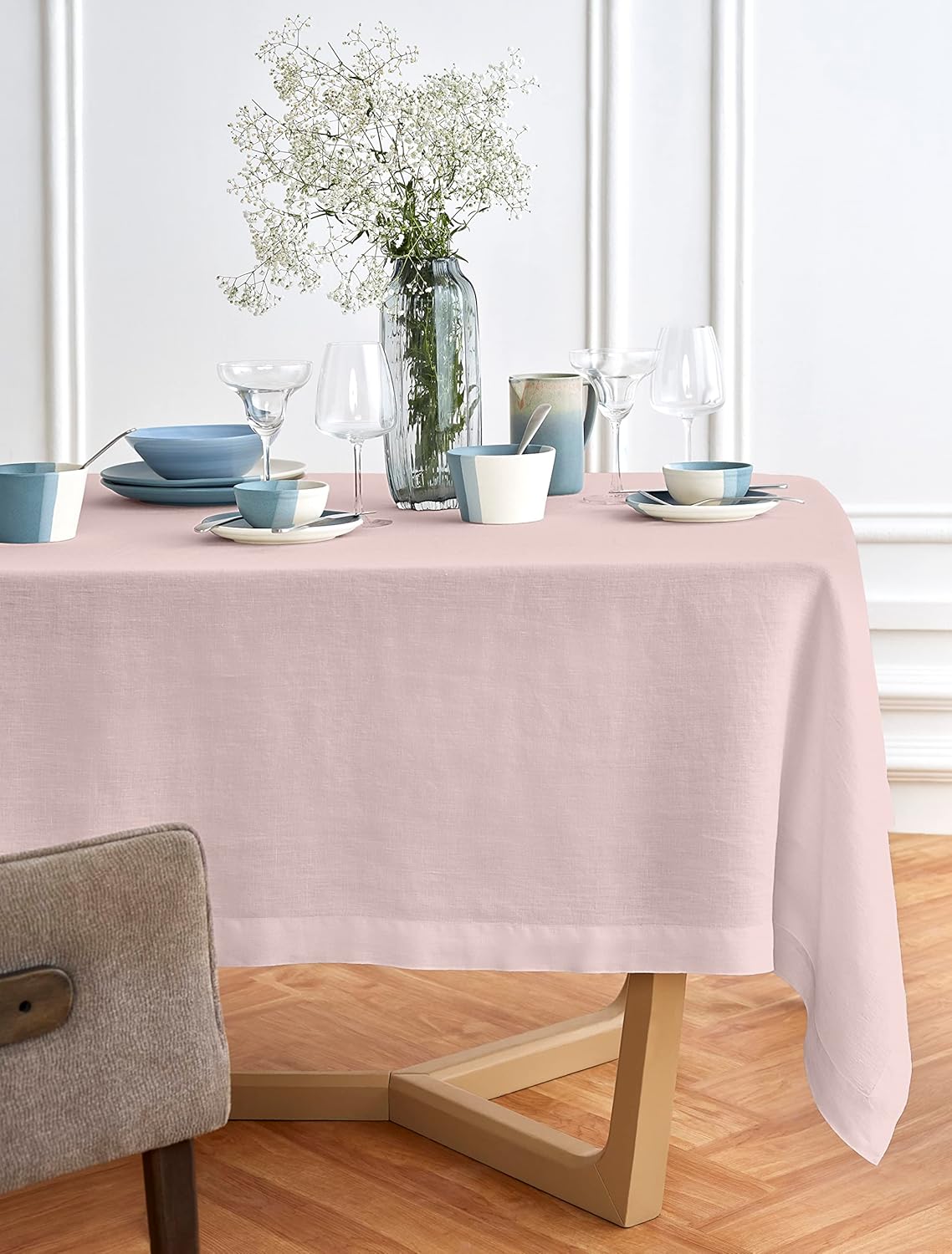 Solino Home Linen Tablecloth 70 x 120 Inch 100 Pure Linen Prewashed Soft Pink