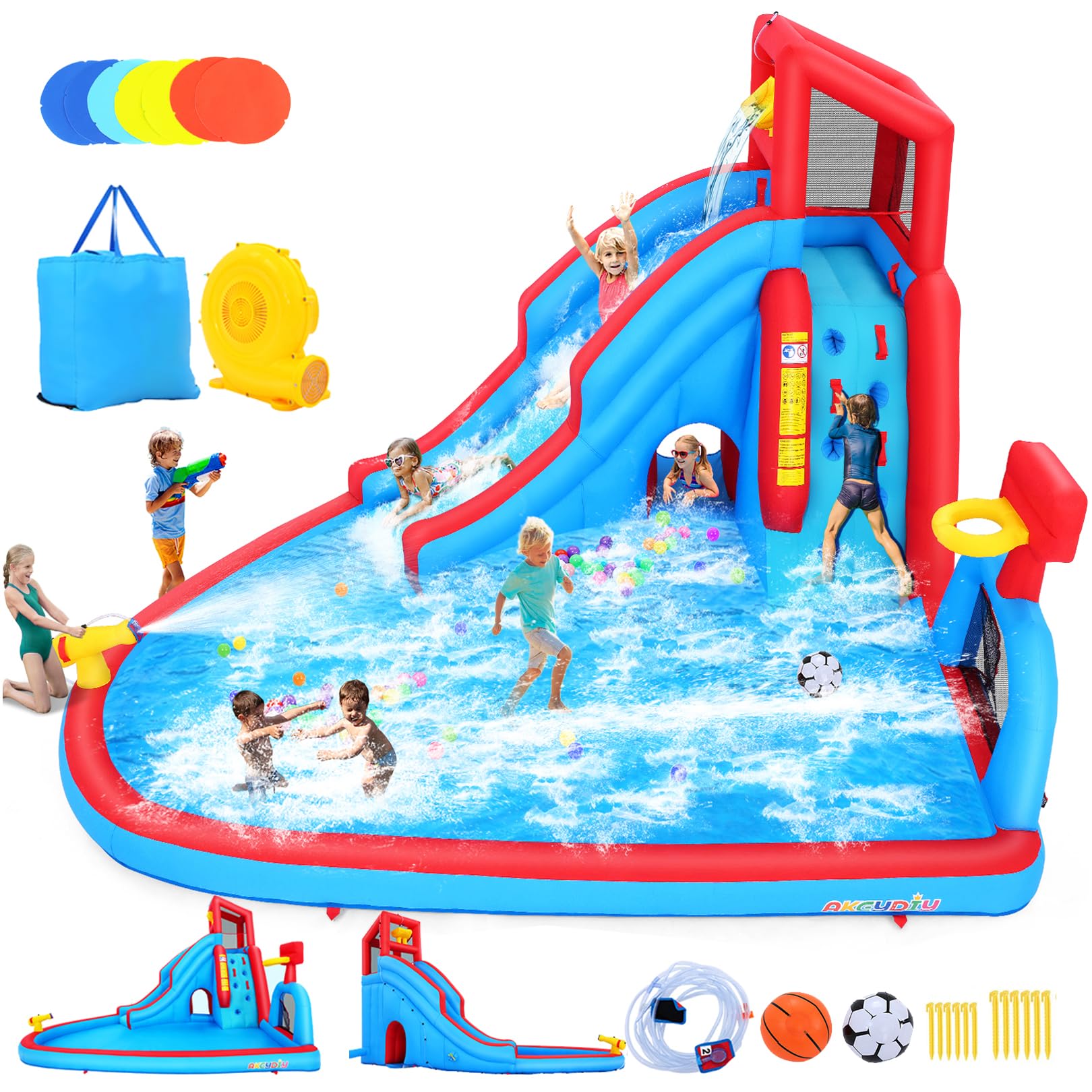 AKEYDIY Inflatable Water Slide - Dump Bucket Water Bounce House, Blow Up Water Slide Park w/Splash Pool,Climb Wall,Basket-Rim,Water Cannon,Shower Head