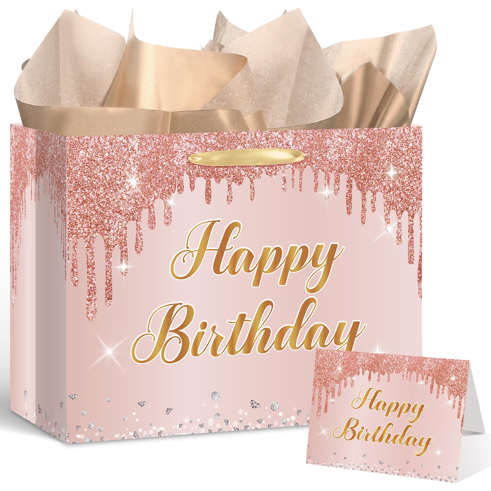 12'' Large Rose Gold Happy Birthday Gift Bag for Women and Girls Pink Present Set with Greeting Card and Wrapping Tissue Paper Birthday Party Decorations Supplies