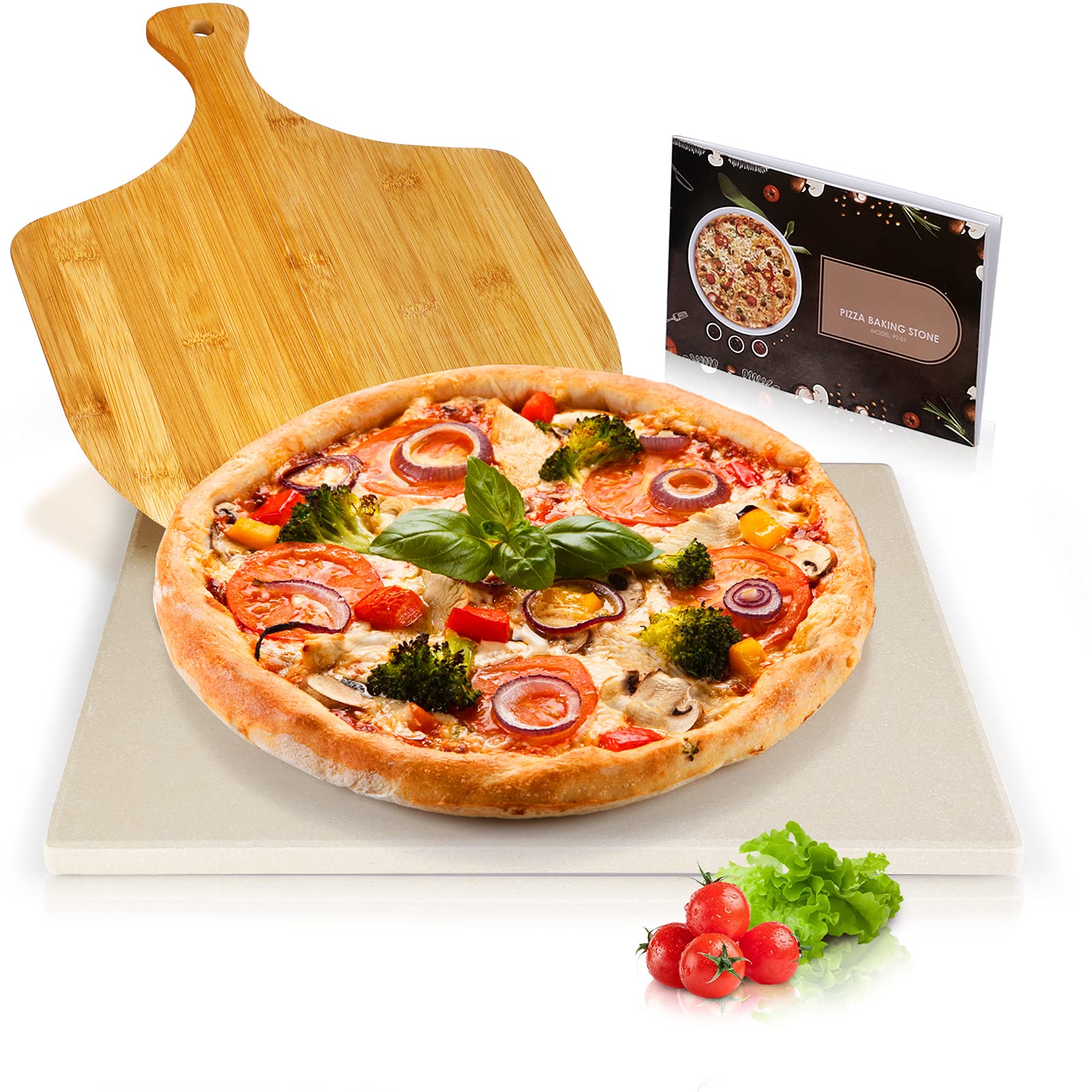 Amzdal Pizza Stone for Grill and Oven 15”x12”, Durable Baking Stone, Free Bamboo Pizza Peel Paddle, Heat-Resistant Cordierite Cooking Stone with Recipes for Pizza, Pie, Housewarming Gift