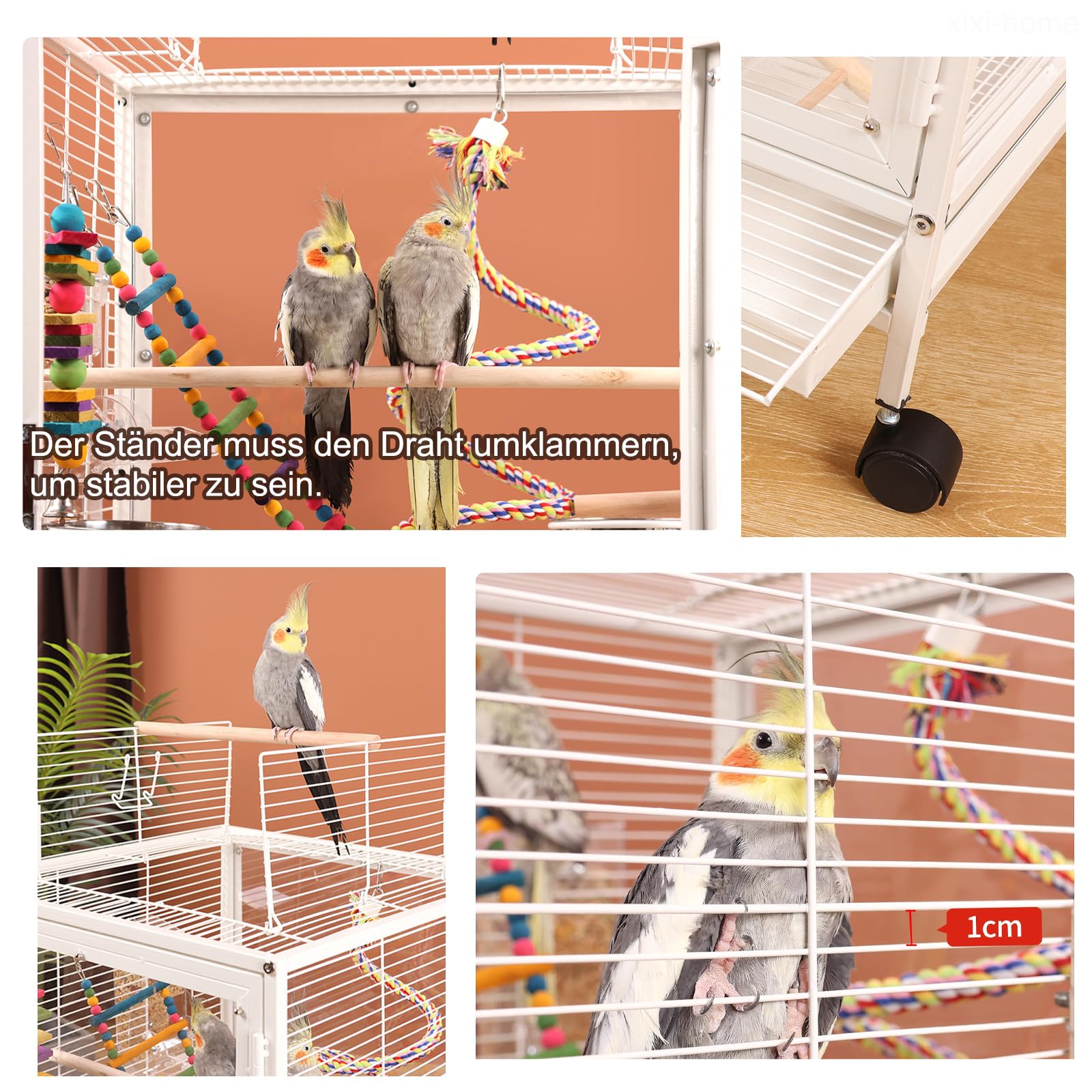 Großer Vogelkäfig Vogelkäfig mit offenem Dach Papageienkäfig Vogelvoliere 46 * 46 * 77cm abnehmbare Palette mit Standbar und Nahrungsmittelbox, mit Rädern abnehmbar,Weiß-A