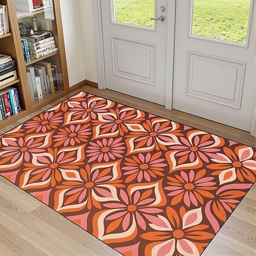 Alfombras de baño de 32 x 48 pulgadas, color naranja, lavable, alfombra de entrada, alfombra retro de los años 70, estilo bohemio, naranja, marrón,
