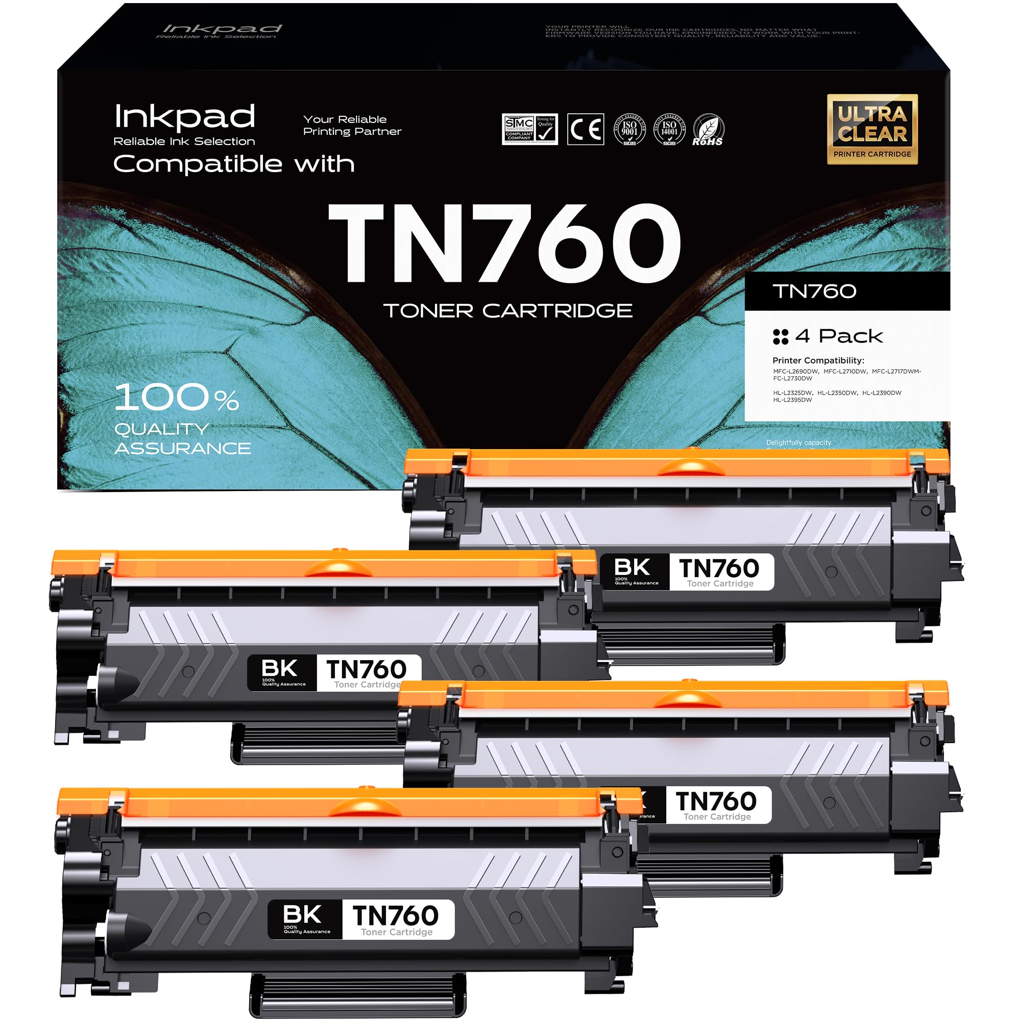 iNKPAD TN760 4PK Toner Cartridge Replacement for Brother High Yield TN-760 TN730 Toners| Compatible with DCP-L2550DW HL-L2350DW HL-L2370DW HL-L2390DW HL-L2395DW MFC-L2750DW
