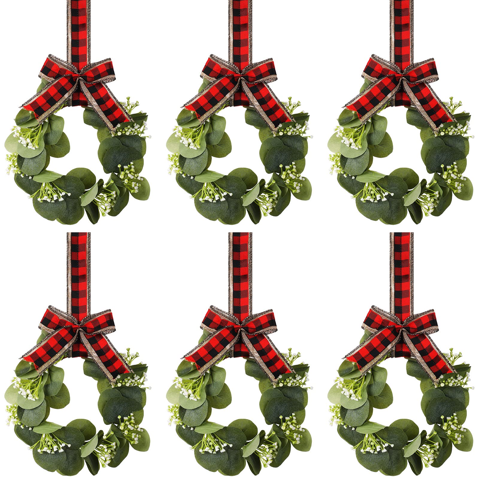 6 pcs christmas kitchen cabinet wreaths decorative boxwood wreaths with ribbon artificial greenery wreath small farmhouse wreaths for kitchen, 21.3 x 8.7 inch (dual red and black plaid)