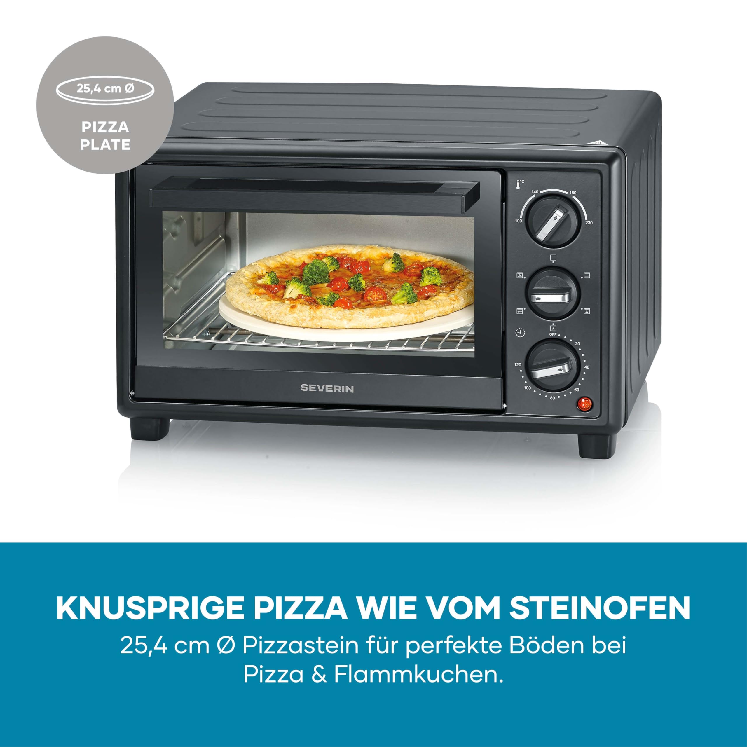 Severin Back- und Toastofen, Bake&Toast, 20L, bis 230°C, Umluft-Funktion, Ober- und Unterhitze, inkl. Pizzastein, Drehspieß, Krümelblech, Backblech, Grillrost, 120Min. Timer, 1600W, schwarz, TO 2079