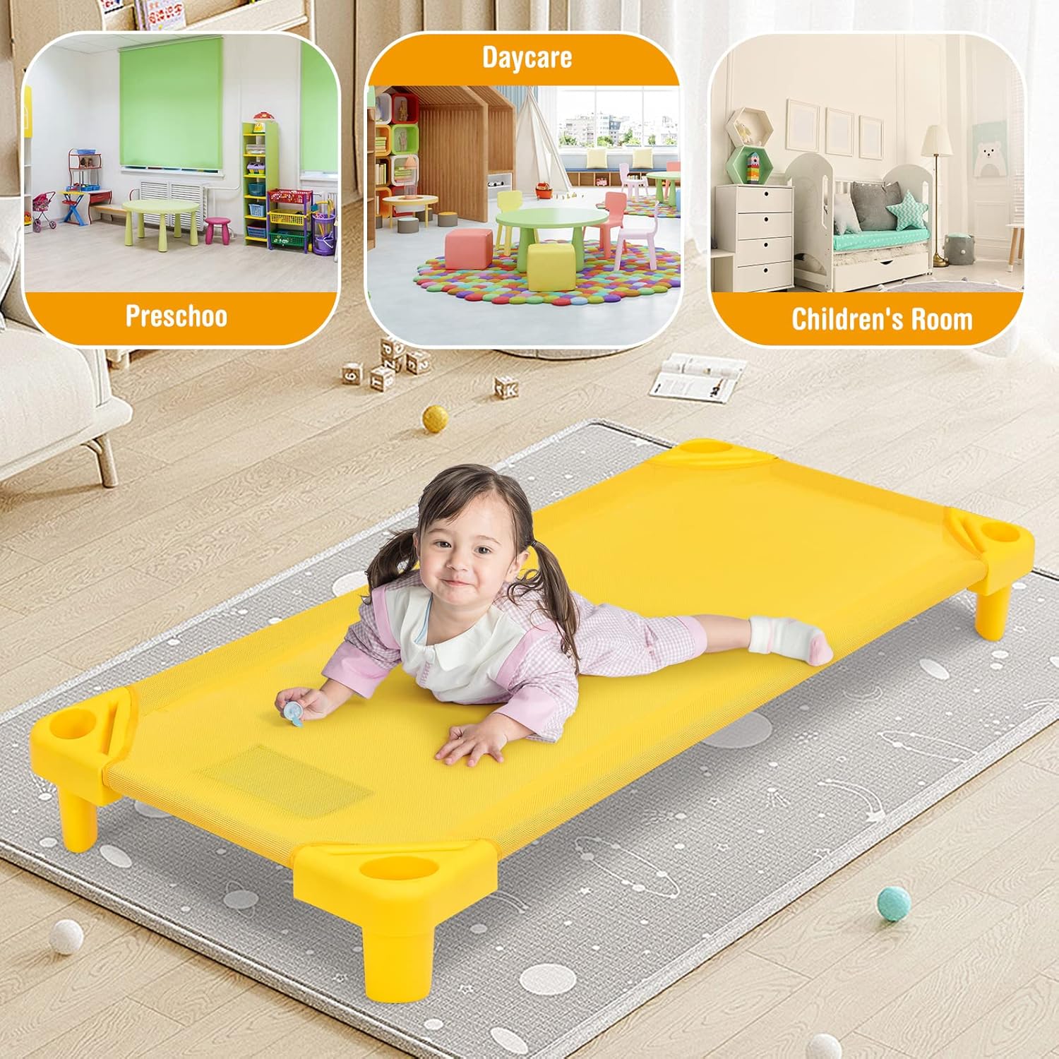HONEY JOY Kids Daycare Cots, Pack of 4, 52” L Stackable Toddler Nap Cots for Resting, Naptime, Easy Lift Corners, Ready-to-Assemble, Heavy Duty Sleeping Cots for Preschool Nursery Classroom