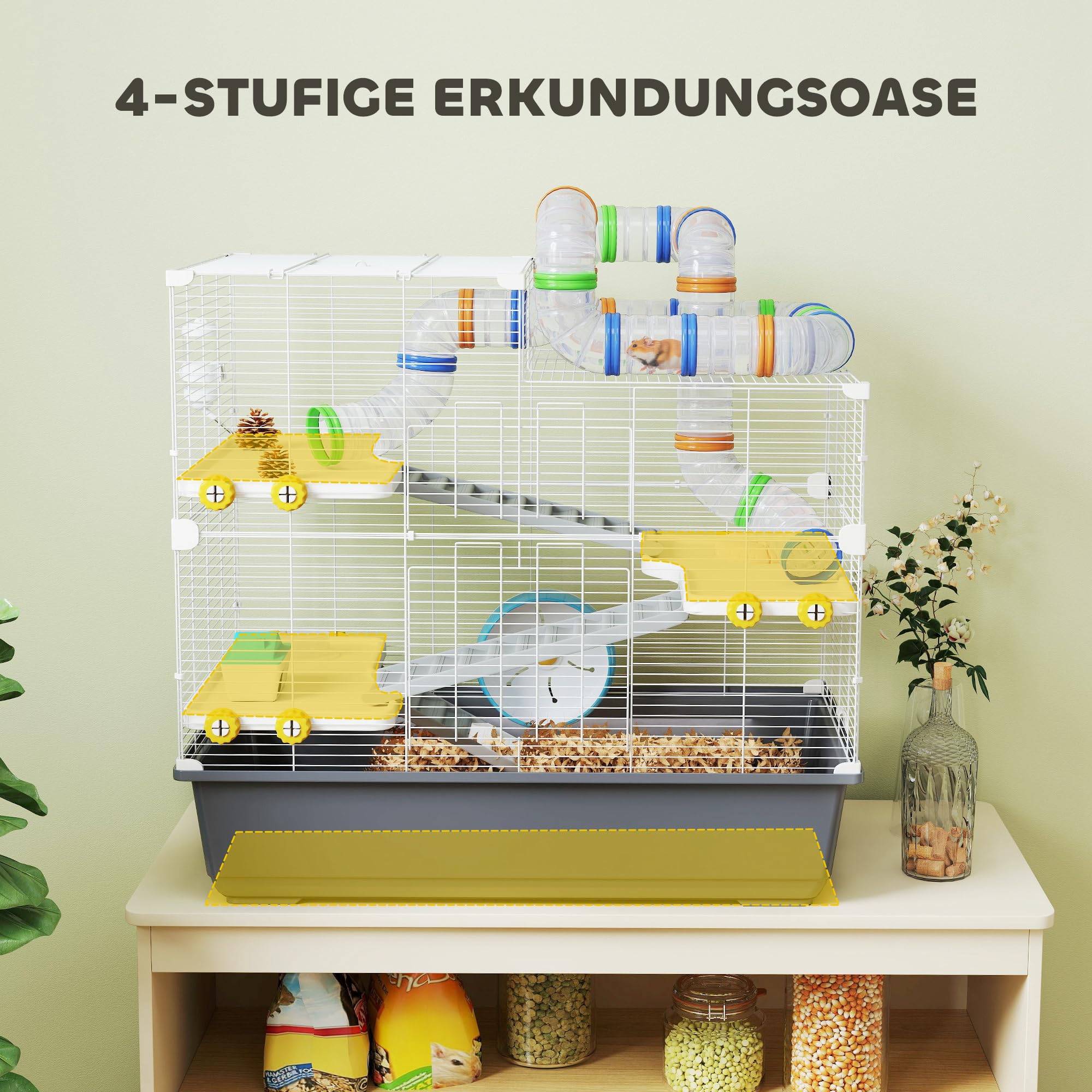 PawHut Hamsterkäfig 4 Etagen Nagerkäfig Kleintierkäfig mit Laufrad Futternapf Tunnel Hütte Obertür, Kleintierstall Käfig für Hamster Syrischer Hamster 78 x 45 x 73 cm, Grau