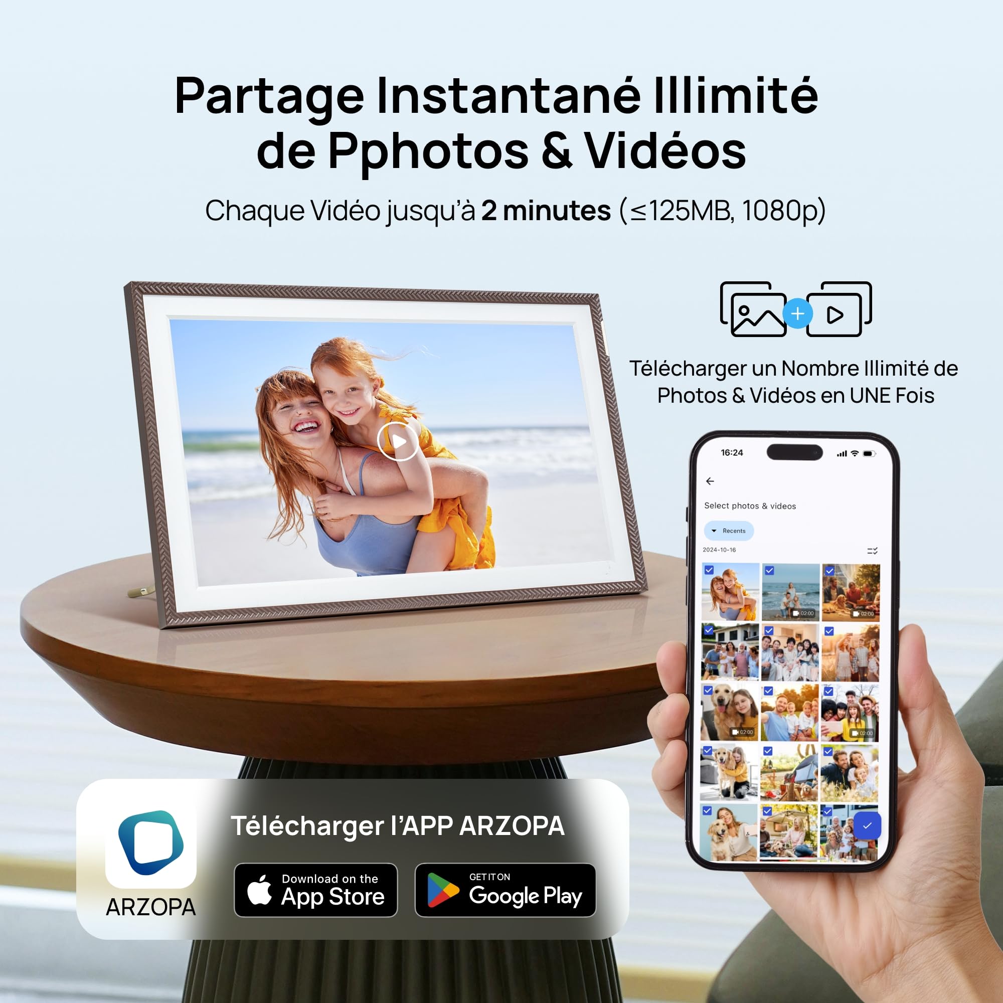 ARZOPA Cadres Photo Numérique 15,6 Pouces Stockage Cloud Gratuit et Illimité FHD Écran Tactile Partage à Distance Photos Vidéos Illimitées Via APP Cadre Numérique pour Famille - D15 Marron