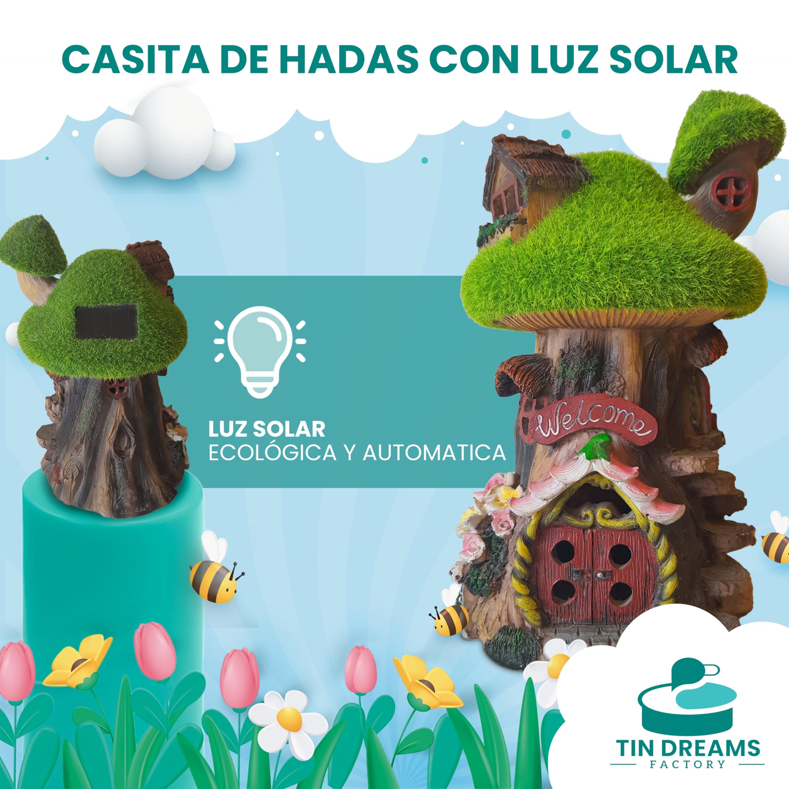 Casita de Hadas para Jardín con Luz Solar - Fairy Tree House en Resina - Decoración Exterior Jardín, Patio, Terraza - Adorno Mágico con Luz LED para Ambientes Encantados