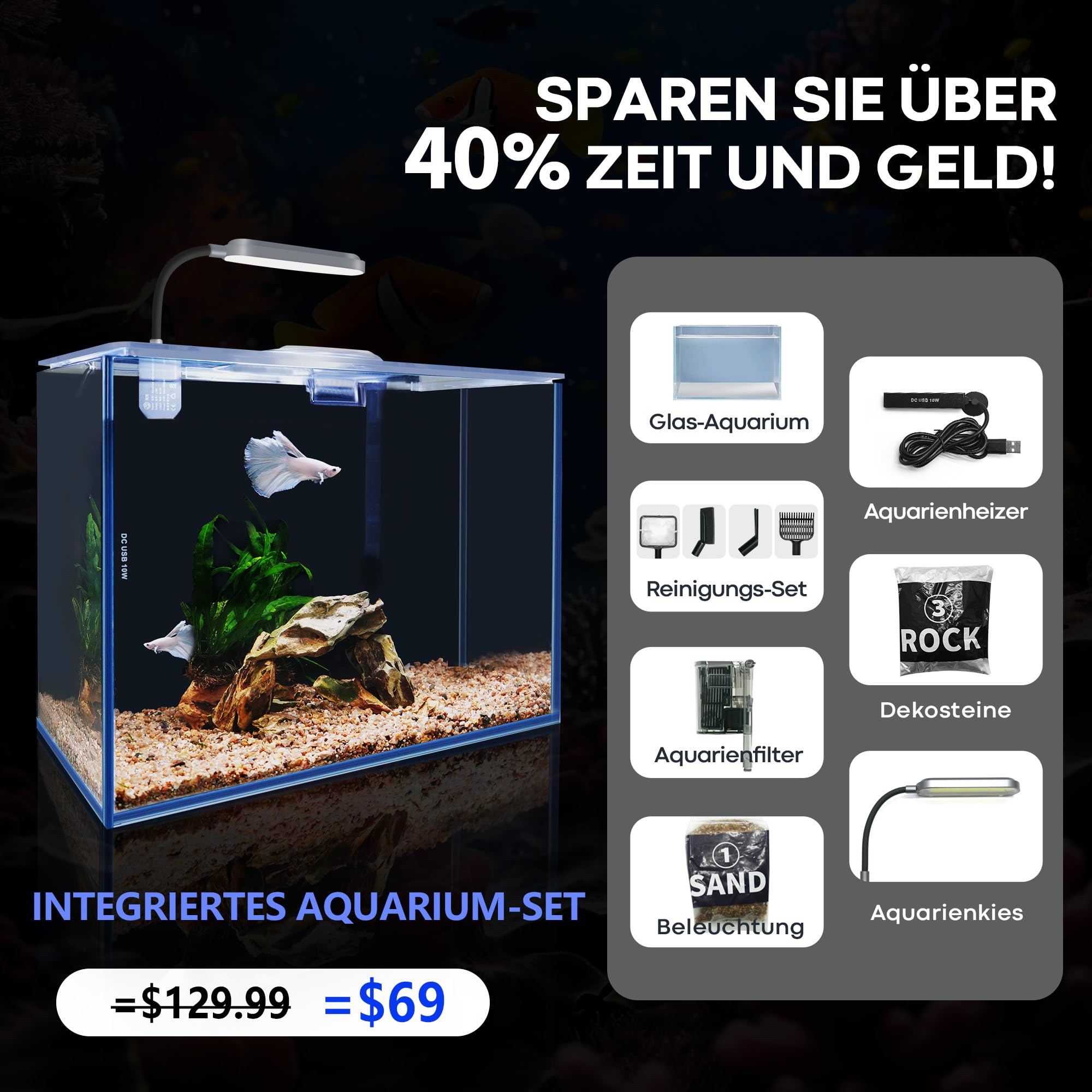 Aquarium Desktop-Set 10L Kleines Fischbecken 30x15x22, Ultra-Klares Glas mit Selbstreinigungsfilter, Helles Licht, Heizung, Steine,Kies, Reinigungswerkzeug, Randloses Fischglas für Anfänger Starterkit