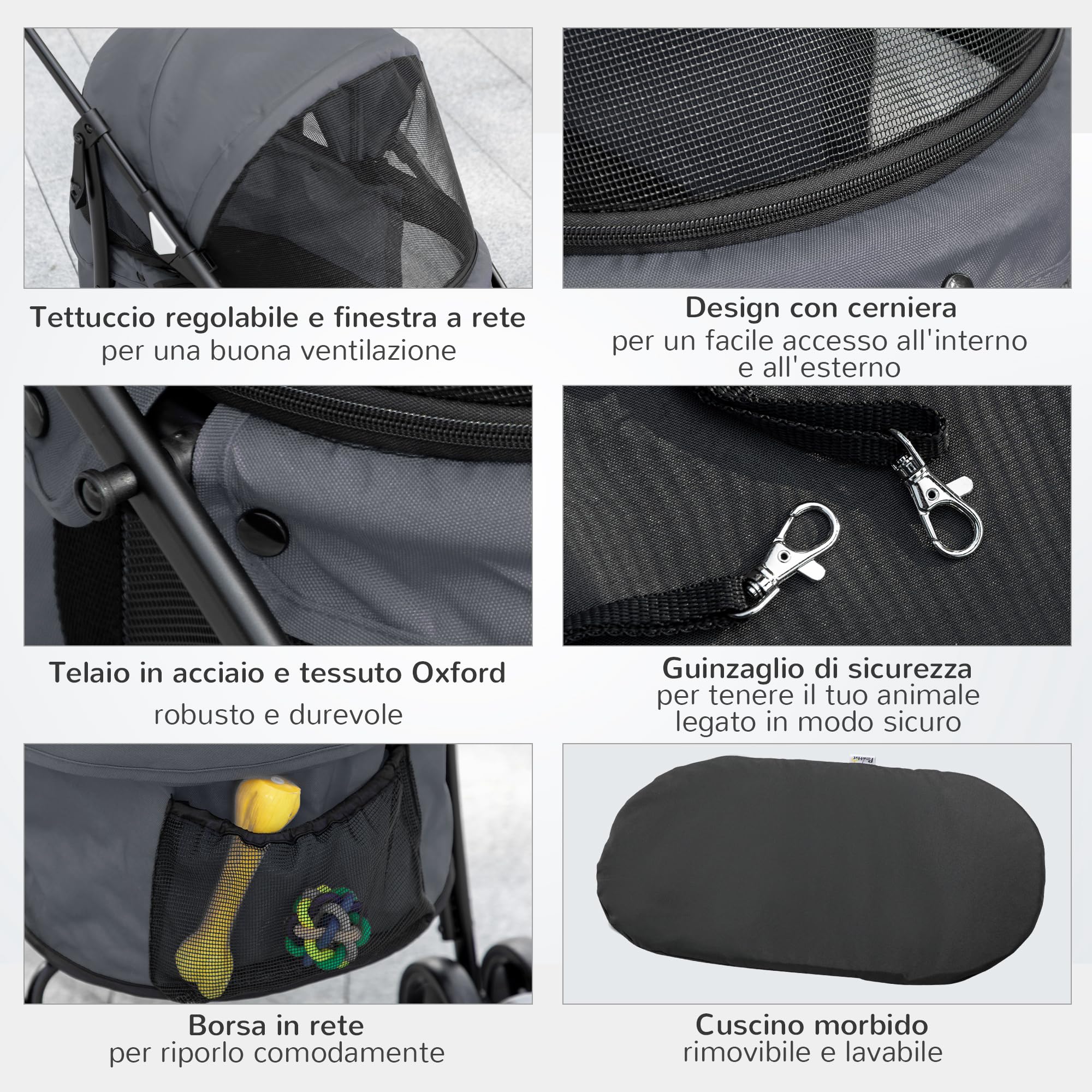 PawHut Passeggino per Cani Pieghevole con Tettuccio Regolabile, Borsa e 2 Guinzagli, Passeggino per Animali in Tessuto Oxford e Acciaio, 82x47x97 cm, Grigio e Nero