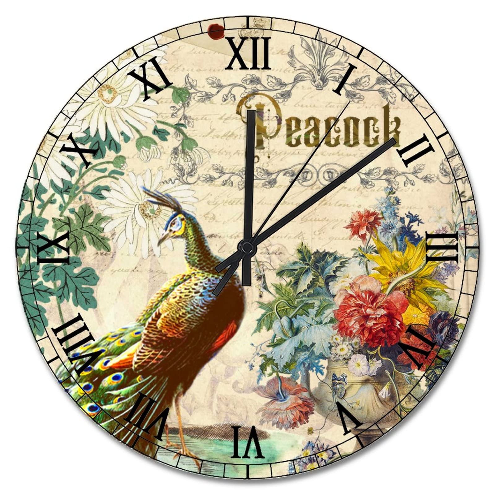 Horloge murale vintage paon silencieuse pour chambre et salon
