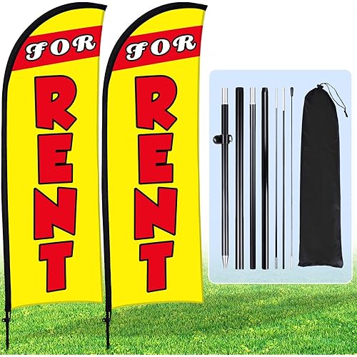 Buryeah 2 Sets FOR RENT Feather Flag Kit 7 x 5.4 ft FOR RENT Flag Banner Bulk with Pole Ground Spike and Portable Bag FOR RENT Sign for Estate Flags Business Advertising Outside Ground (Yellow)