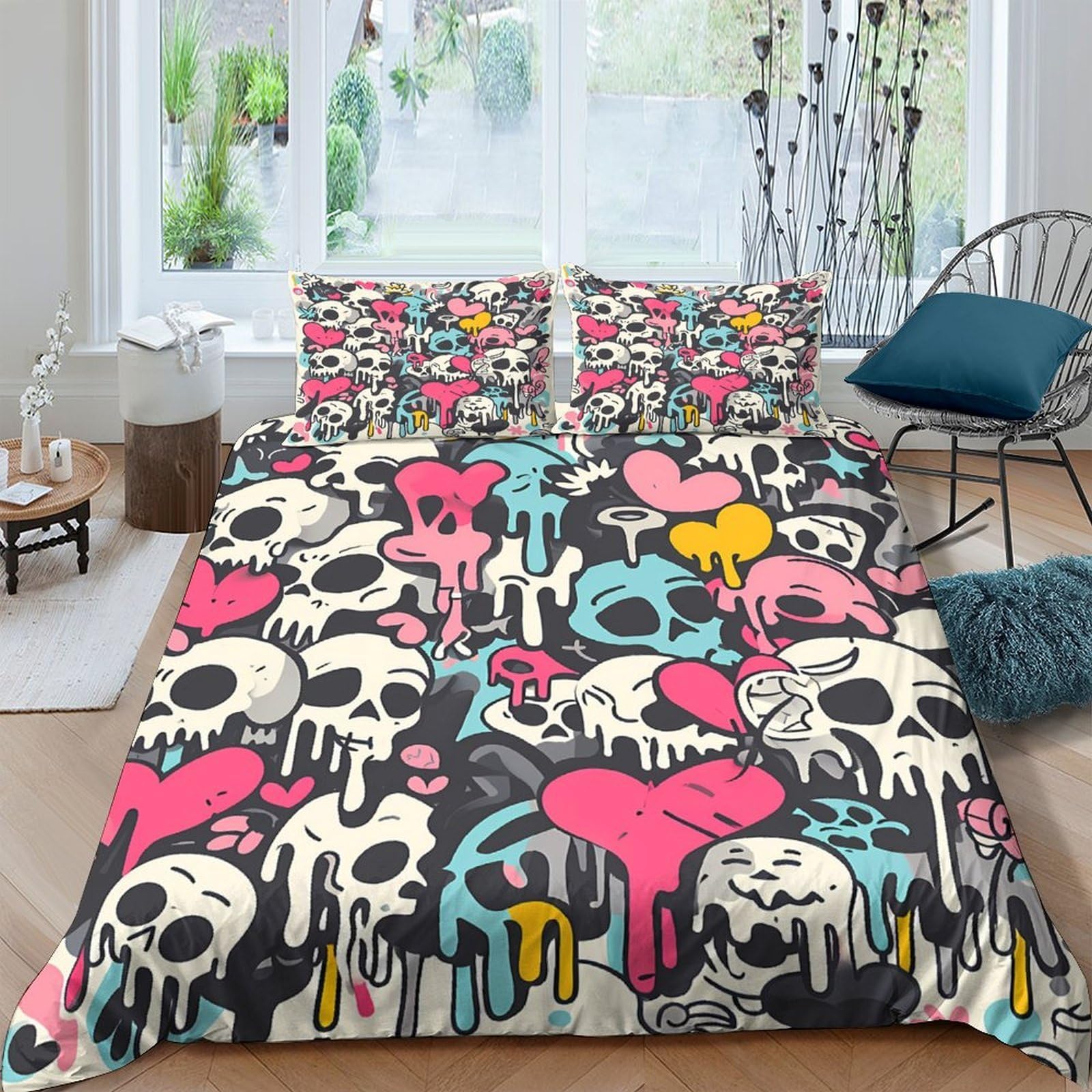 3D Printed skull art Comforter Cover Premium Polyester graffiti style design Duvet Cover Shrink Resistant Stain Resistant Soft Comfortable Easy Care for Home Bedding Single（140x200cm）