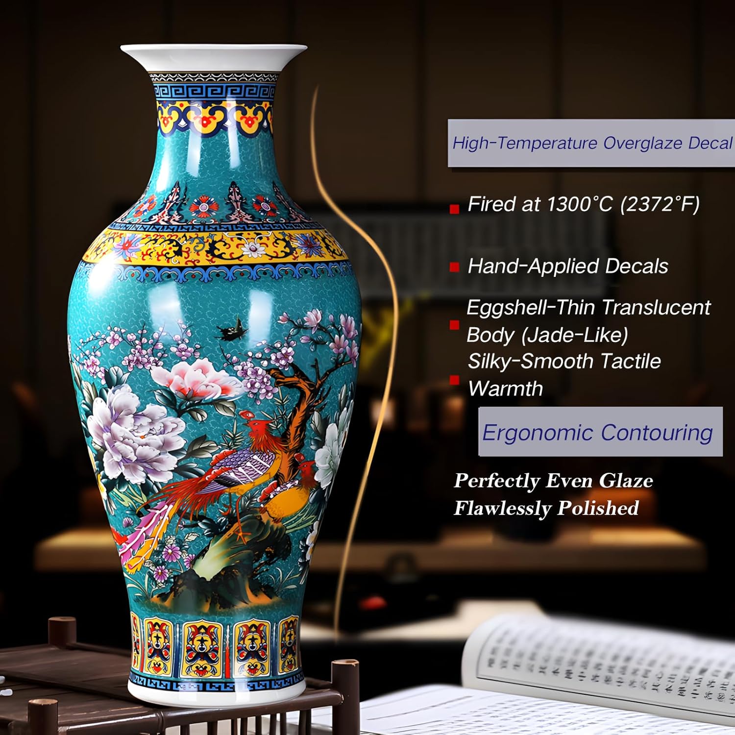 Large Ceramic Vase - 17 Inch Jingdezhen Enamel Modern Luxury Floor Vase for Living Room, Traditional Home Decor for Flowers, Elegant Housewarming Gift & Collection Art Piece (Green) - Image 3