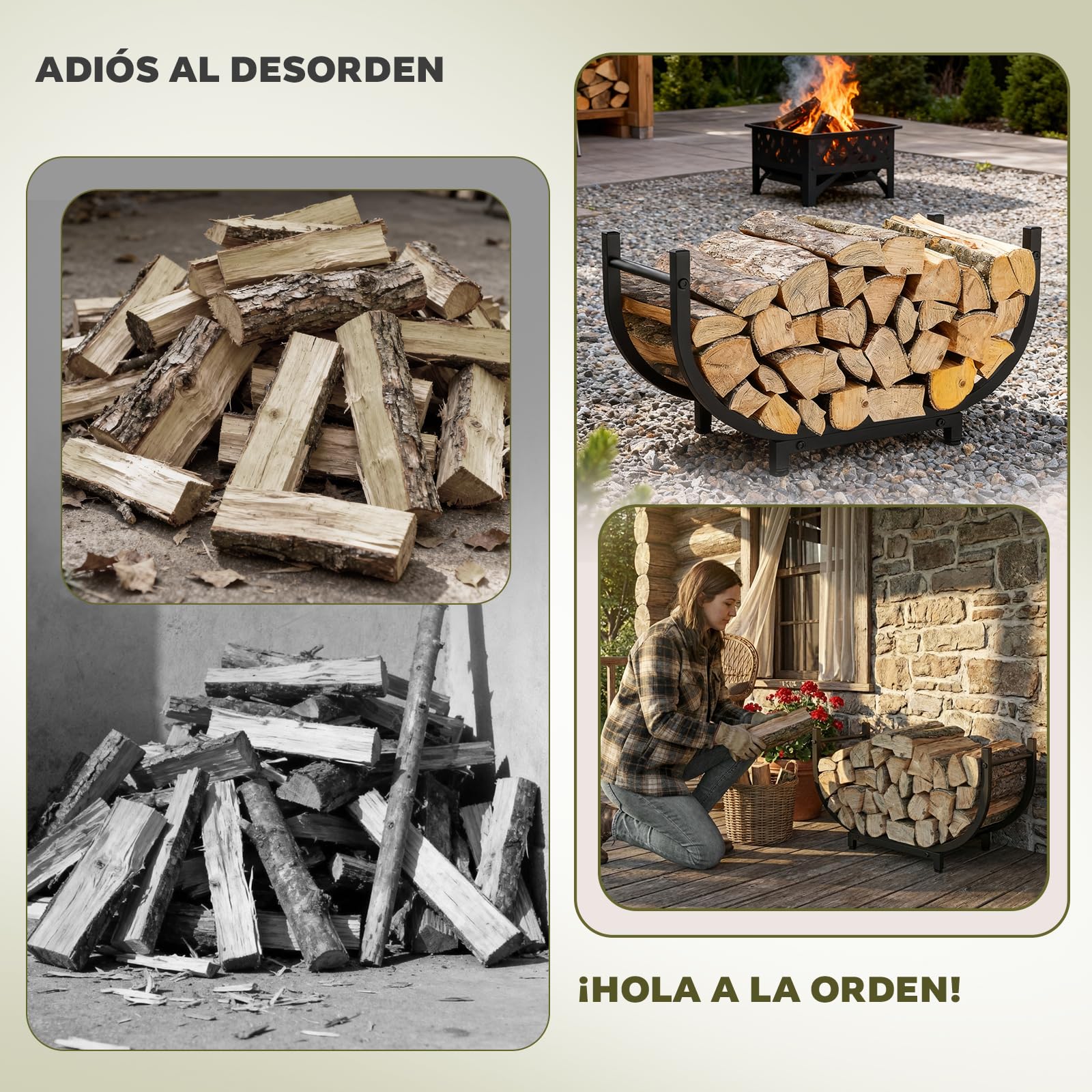 Estantería para Leña de Metal | Almacenamiento de Leña para Interior y Exterior | Soporte para Chimenea, Jardín, Camping y Autocaravana | Fácil Montaje, Negro