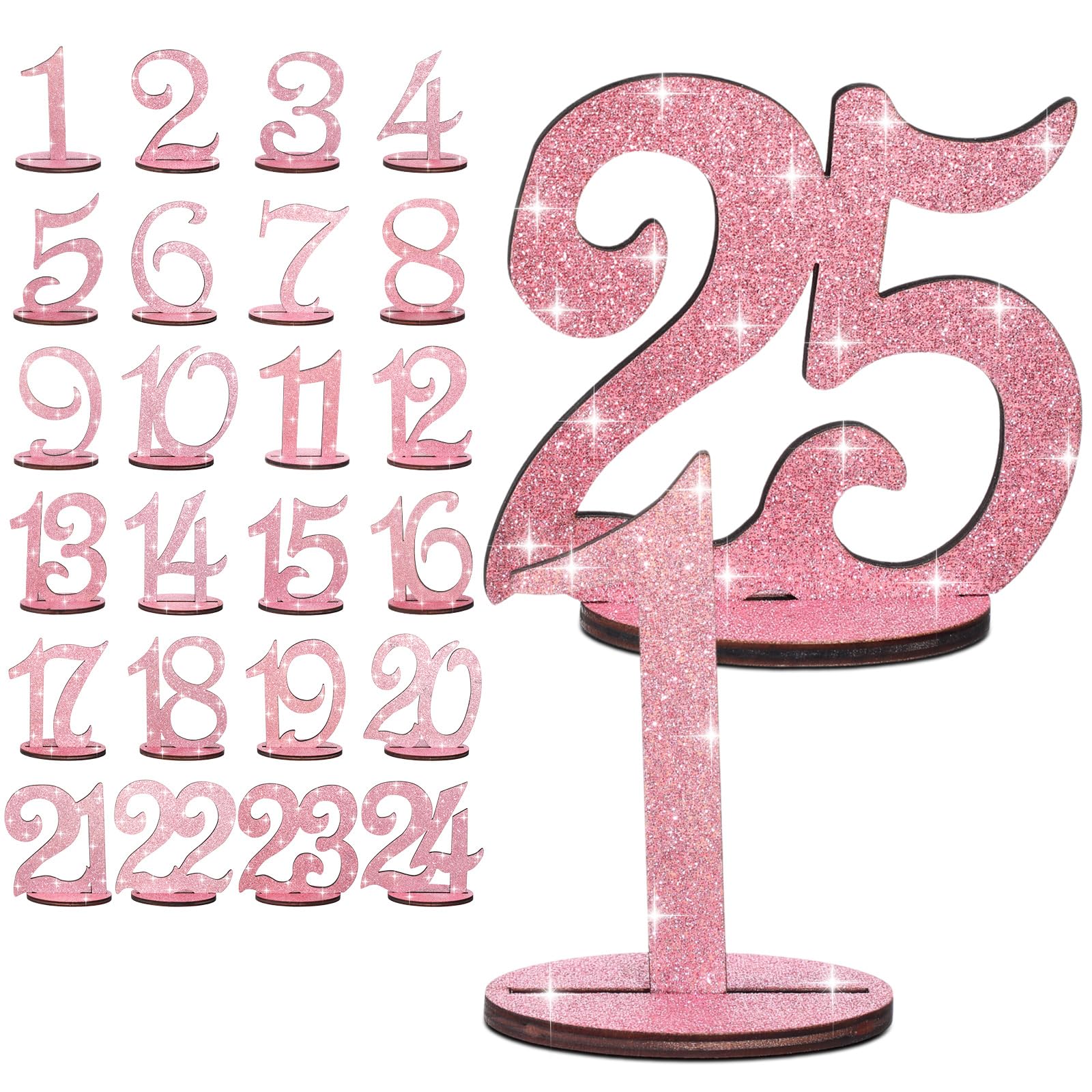 Burbell Glitter Table Numbers 1-25 Wooden Table Numbers for Wedding Reception Standing Seat Place Cards with Holder Base for Wedding Party Event