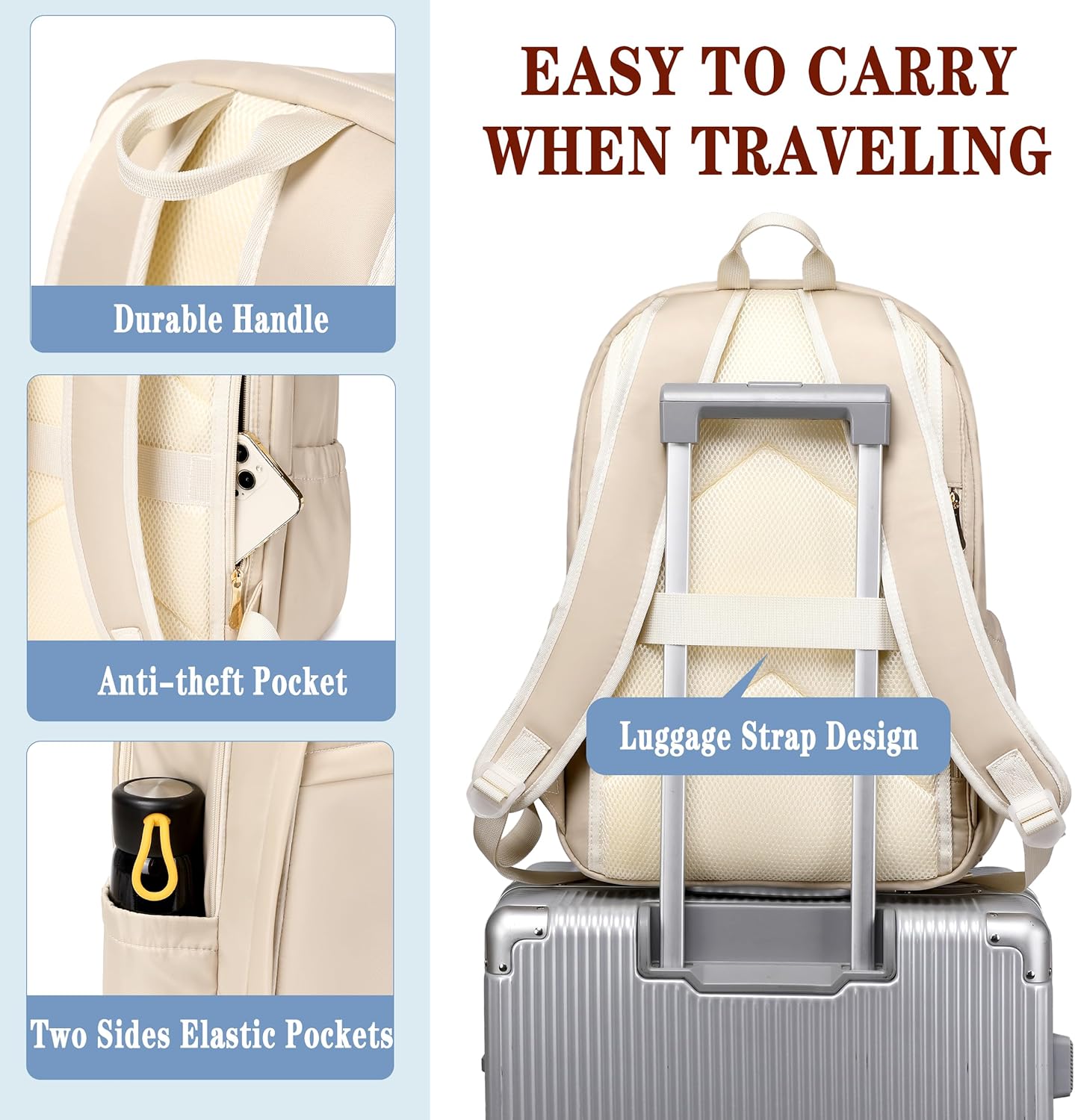 Hidds Travel Laptop Backpack for Women 15.6 Inch Computer Backpacks with USB Charging Hole Anti Theft Carry on Bag College Bookbag Large Back Pack for Work Business Travel Commuter Daypack-Champagne - Image 5