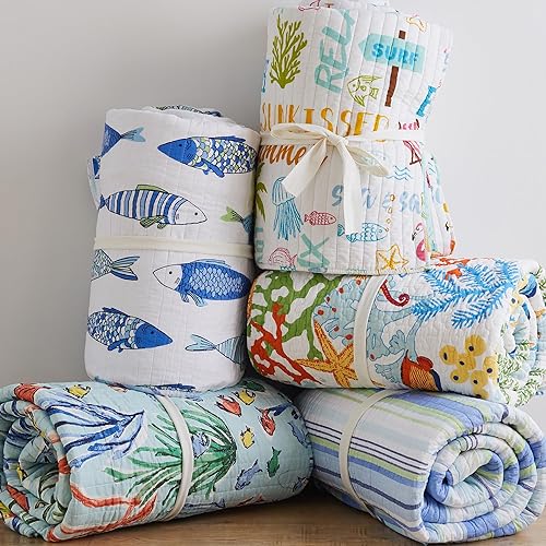 Miniatura 6 de Levtex Home - Juego de edredón Laida Beach - Edredón matrimonialQueen + dos fundas de almohada estándar - Rayas costeras - Verde, azul, blanco -