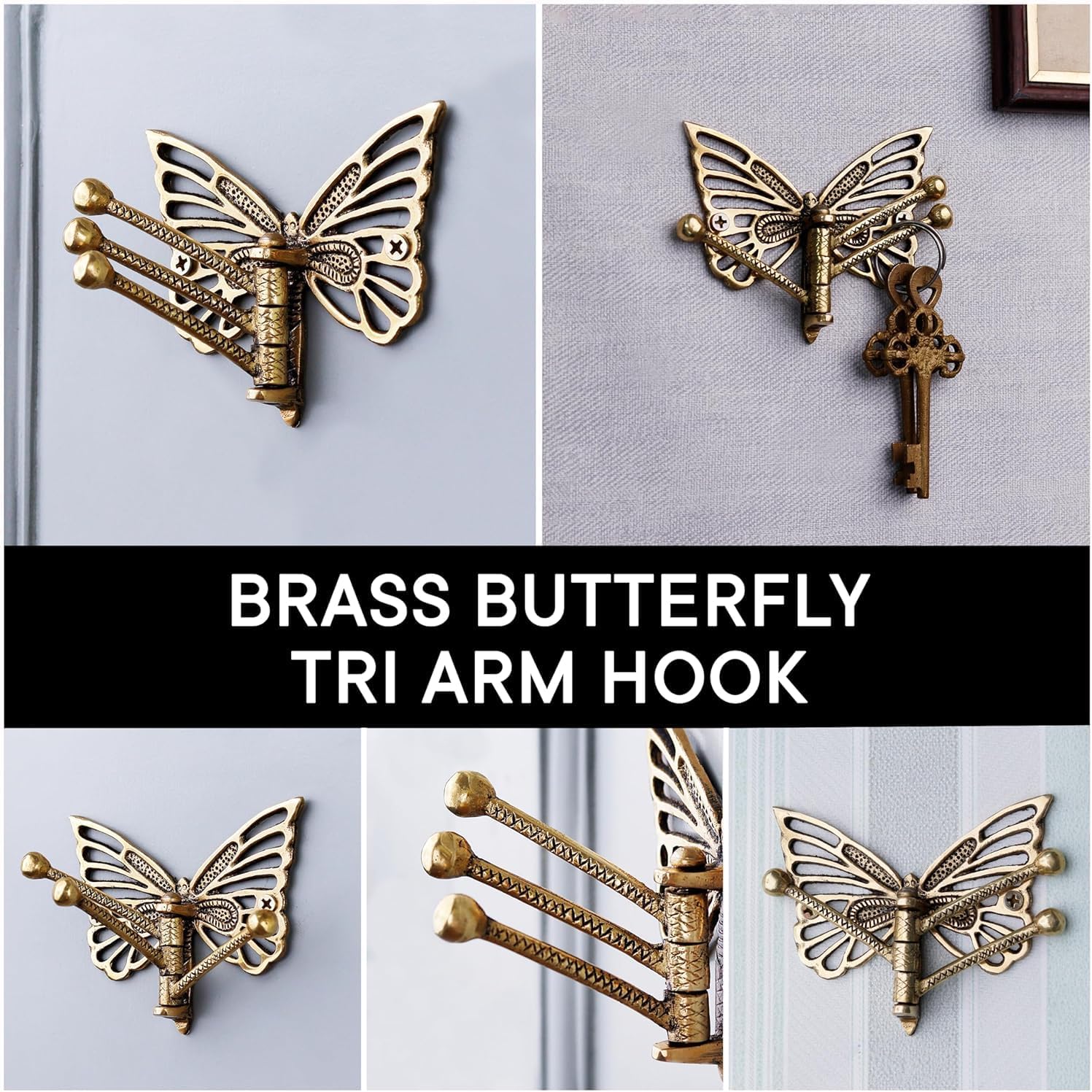 Indian Shelf 2-Pack Brass Swivel Heavy Duty Decorative Vintage Key Holder, Key Wall Hooks for Hanging Coats, Jackets, Leash, Hat, Towel, Backpack, Purse, Handbag for Bathroom Décors [Golden]