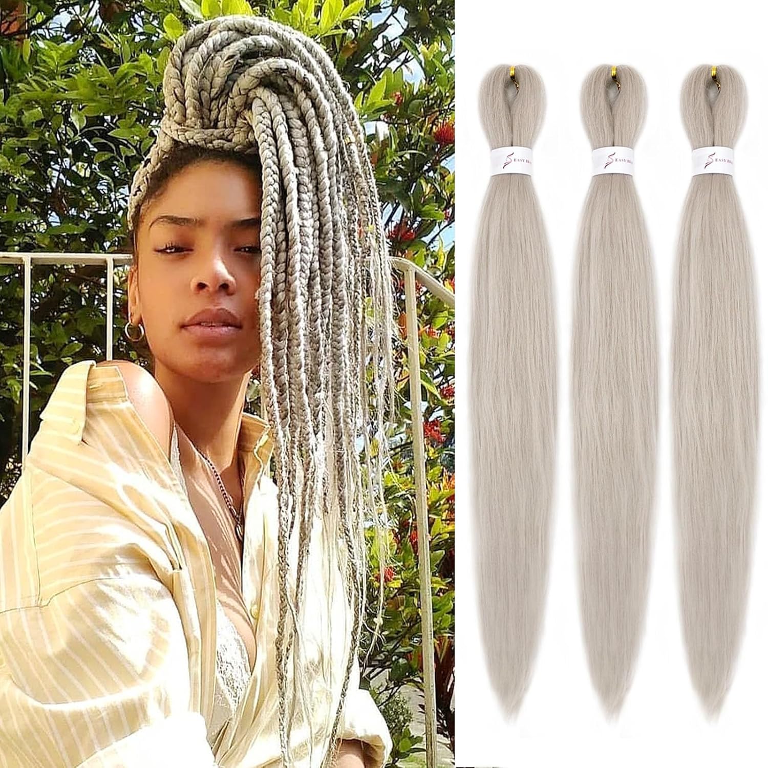 IXIMII Pre Stretched Braiding Hair 16 inch 3 packs Silver
