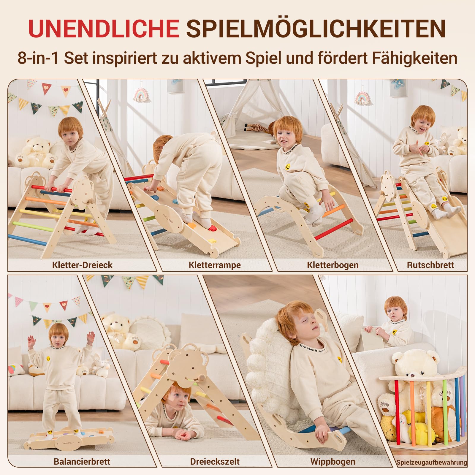 COSYLAND 8-in-1 Montessori Klettergerüst Holz ab 18 Monate – Kletterdreieck mit Rutsche & Kletterbogen, Natur – Indoor Spielplatz für Kleinkinder bis 3 Jahre