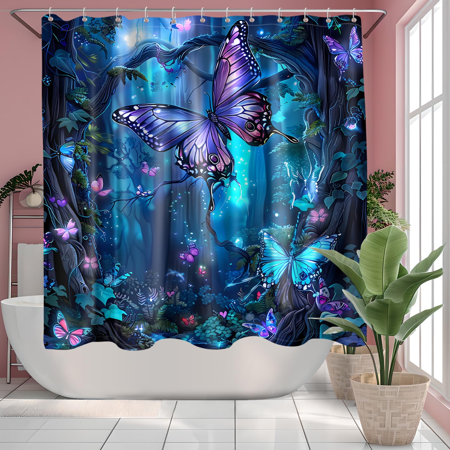 JINGYOU Niebieska zasłona prysznicowa, 180cm spadek, obciążona zasłona łazienkowa z motywem motyla 3D HD i 12 haczykami - 180 x 180cm spadek