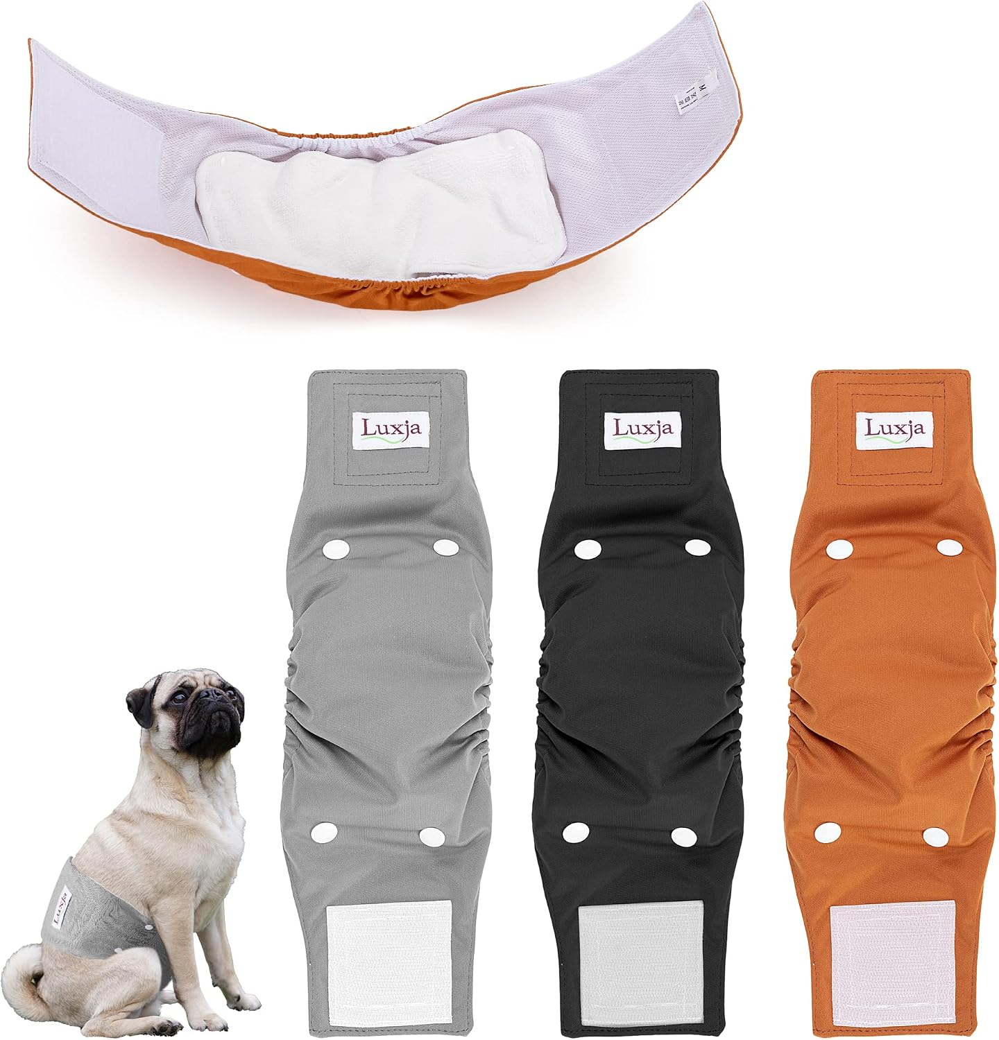 Luxja Reusable Male Dog Diapers with Extra Detachable Diaper Pad (3 Pack), Washable Male Dog Belly Bands (Black + Gray + Brown, M)