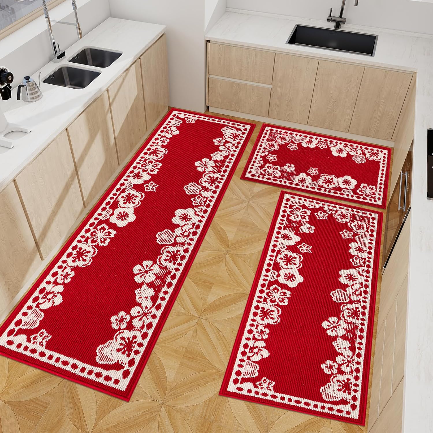 Kitchen Rugs Set of 3, Japanese Cherry Blossom Kitchen Mats for Floor Nylon TPR Non-Slip Washable Sink & Standing Mats Absorbent Resist Dirt Kitchen Runner Floral Rug (Red, 20"x59"+20"x47"+20"x32")