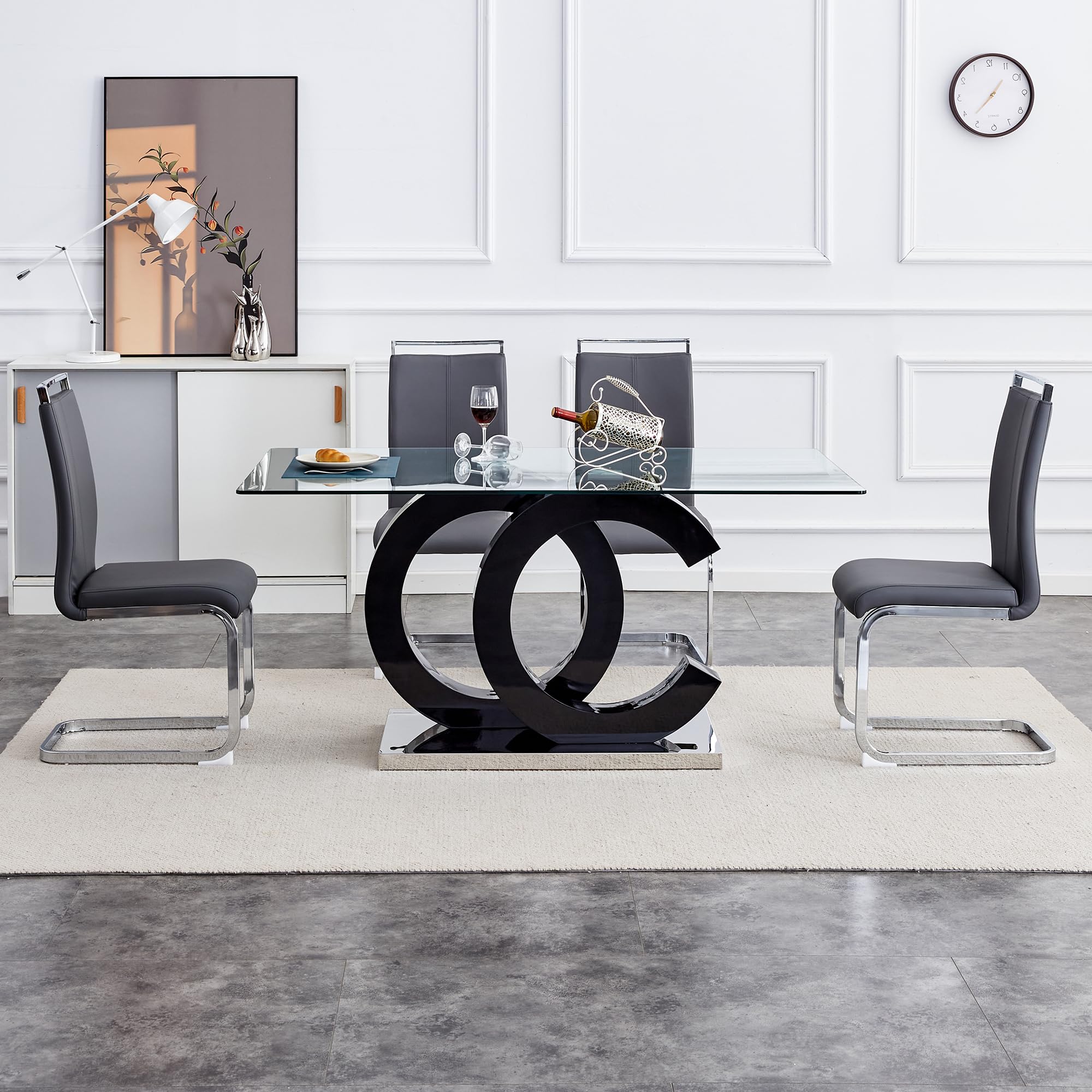 Ebullient Glass Dining Table Set for 4 ，5 Piece Dining Table Set,Tempered Glass Table Top，Modern Dining Room Table with 4 PU Leather Ergonomic Dining