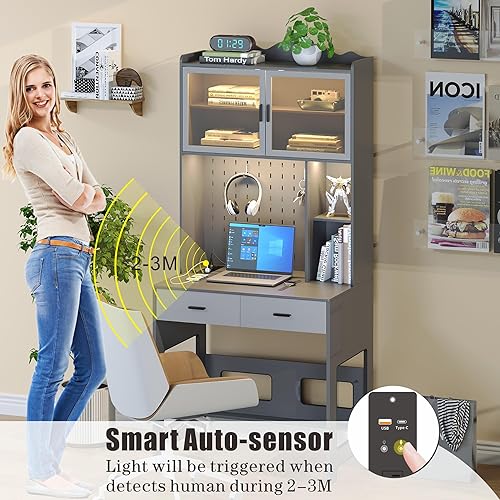 Miniatura 5 de Escritorio LED de oficina en casa con estantes de cajones, escritorio de madera para computadora de dormitorio con armario de almacenamiento