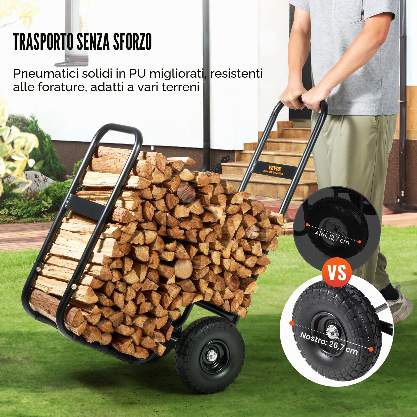 VEVOR Carrello per legna da ardere, 113,4 kg, per esterni e interni, ruote in PU, panno impermeabile, supporto in acciaio resistente, supporto per legna da ardere per camino