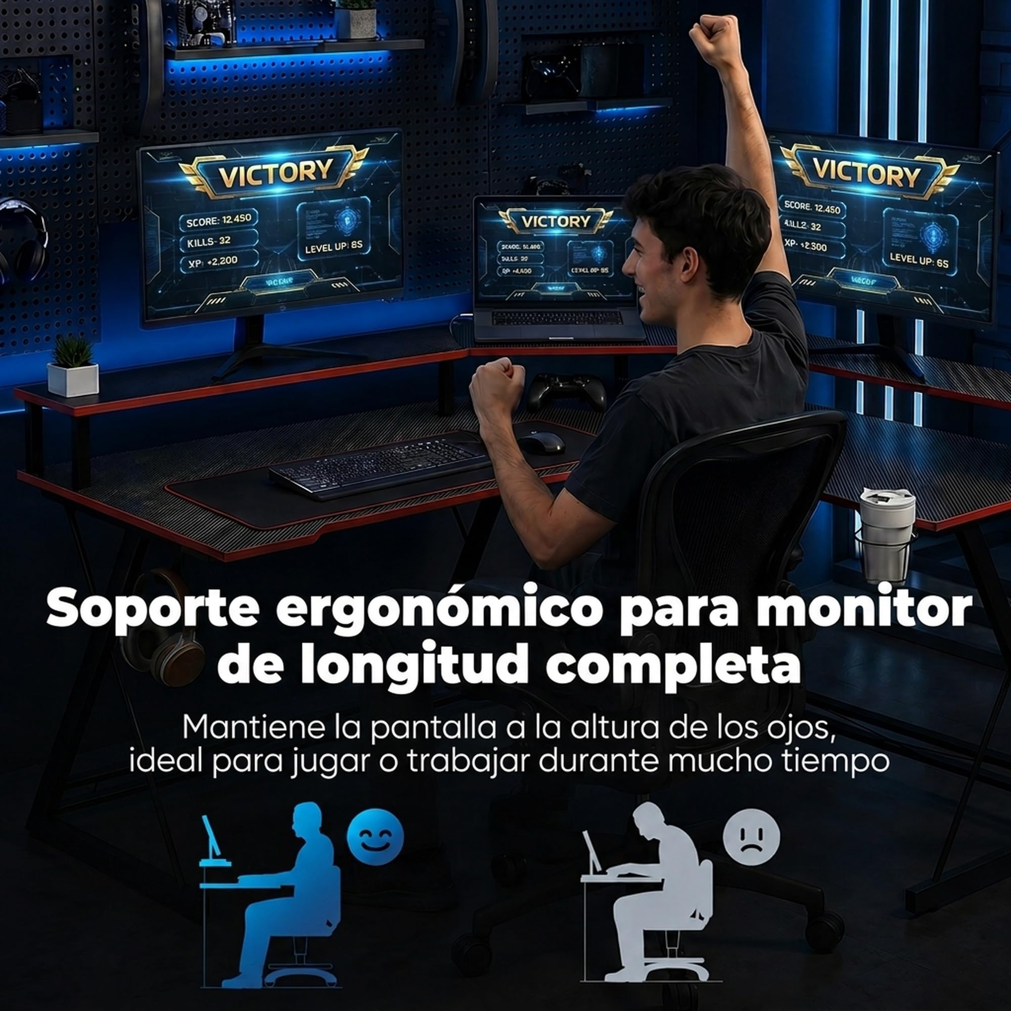 HOMCOM Mesa Gaming Esquinero con Enchufes en Forma de L 128x128 cm Negro | Mesa Escritorio, Soporte para Monitor, Gancho para Auriculares, Portavasos, Mesa de Ordenador, Oficina, Casa