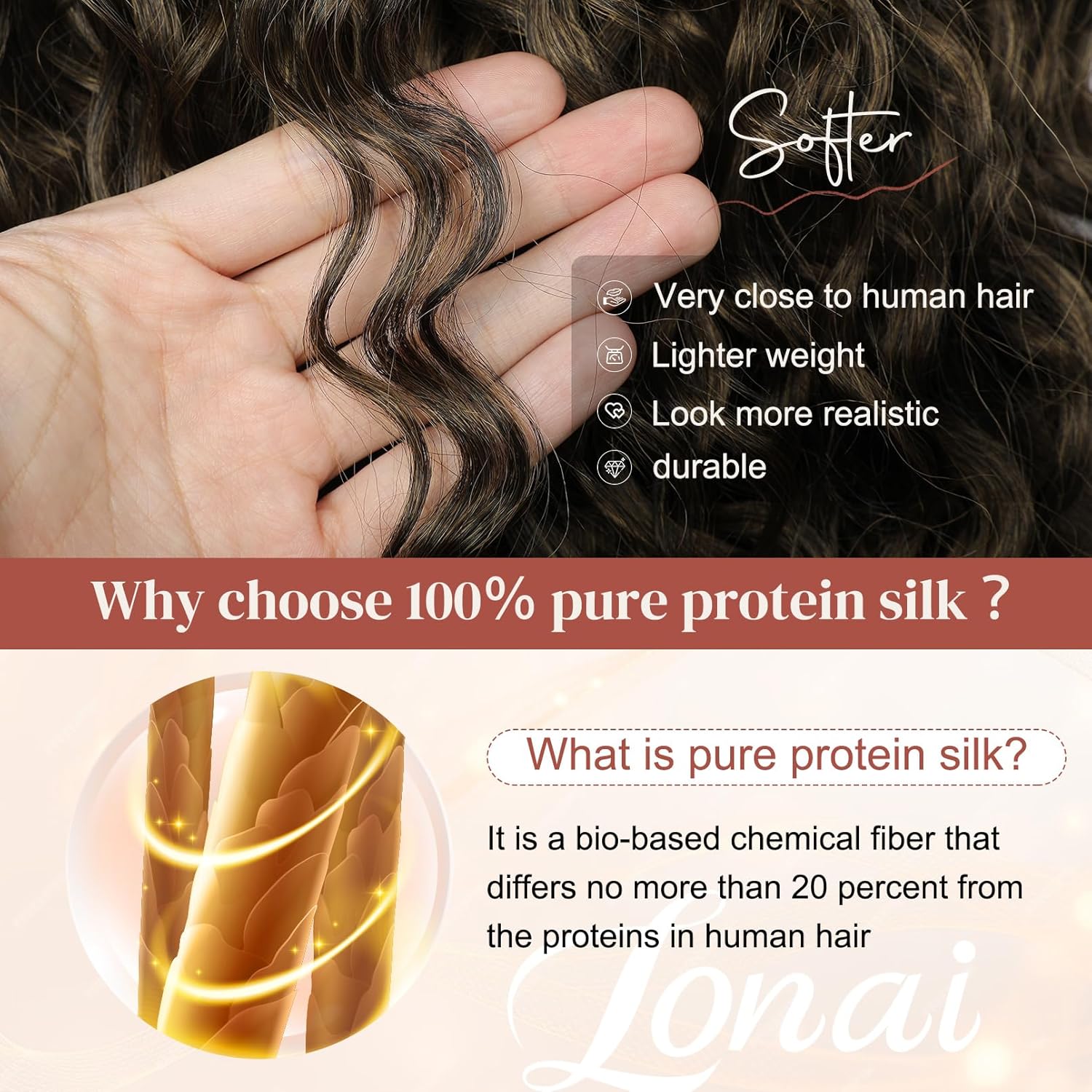 LONAI 4PC Clip in Hair Extensions, 100% Pure Protein Silk Curly Hair Extension for Women, 26 Inch Long Soft Natural Hair Extensions-Brown to Dirty Blonde - Image 3
