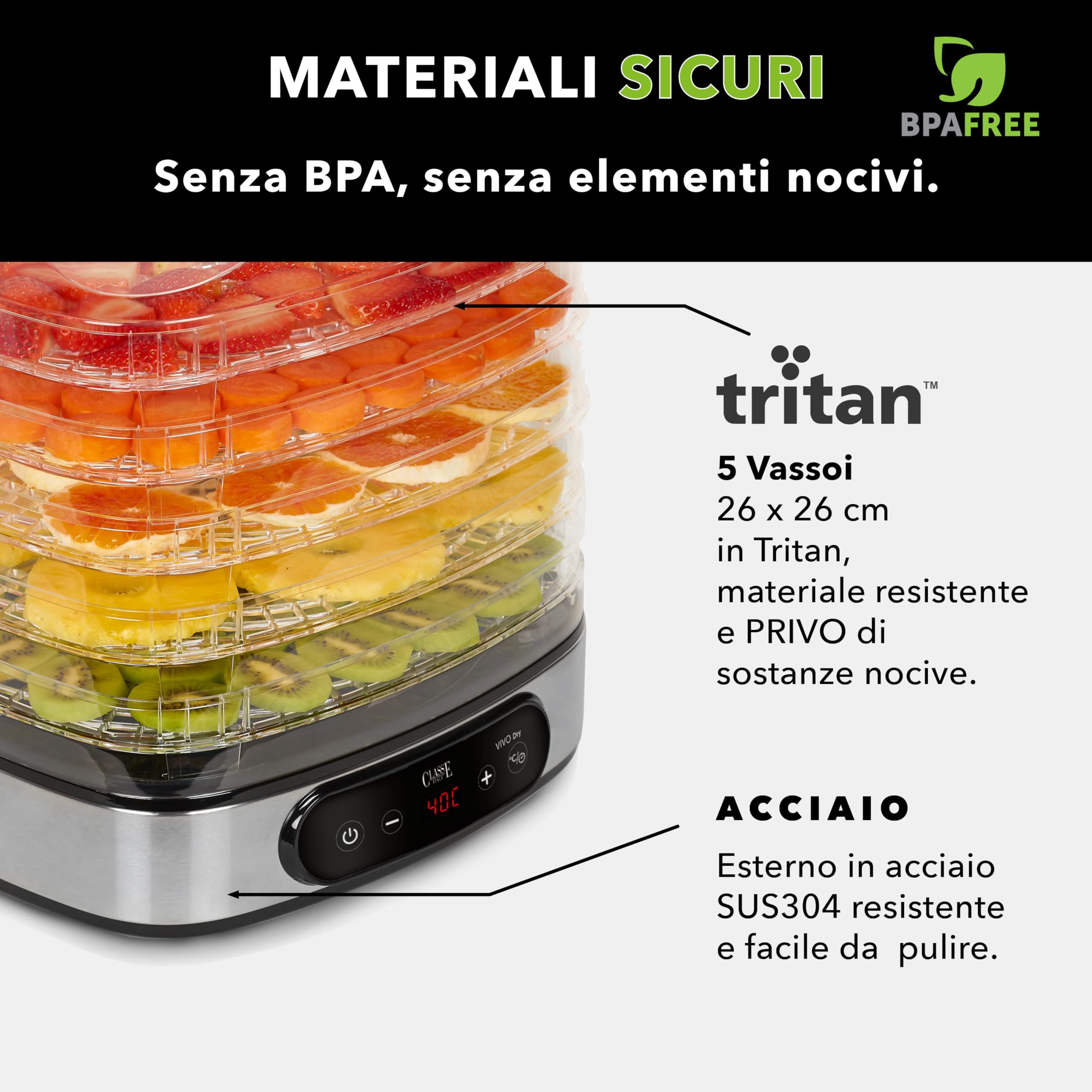 Classe Italy | Essiccatore Alimentare, Consumi Bassi, Senza BPA, GARANZIA 5 ANNI, Essiccatore Funghi, Frutta, Verdura, Carne, Pesce, Frutta secca, 380 W, 23 Litri, Acciaio
