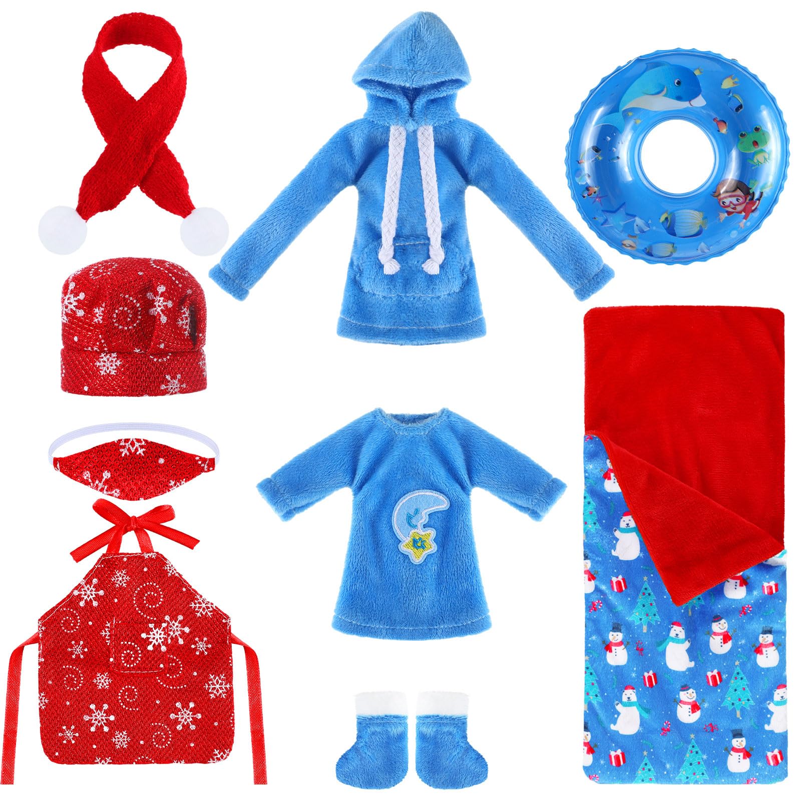 Bencailor 9 Pieces Christmas Elf Doll Accessories Set Include Elf Sleeping Bag Scarf Mask Shirt Hoodie Shoes Apron Chef Hat Swim Ring Fit for Elf Dolls Christmas New Year, Doll is Not Included