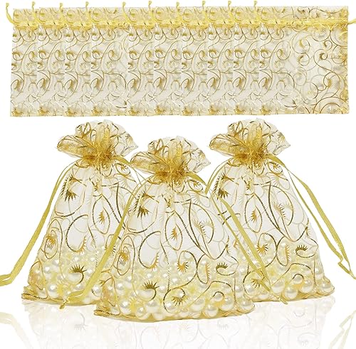 Miniatura 1 de 100 bolsas de organza con cordón, pequeñas bolsas de regalo de joyería para bodas, fiestas, regalos de baby shower, bolsas de dulces (dorado de 4 x