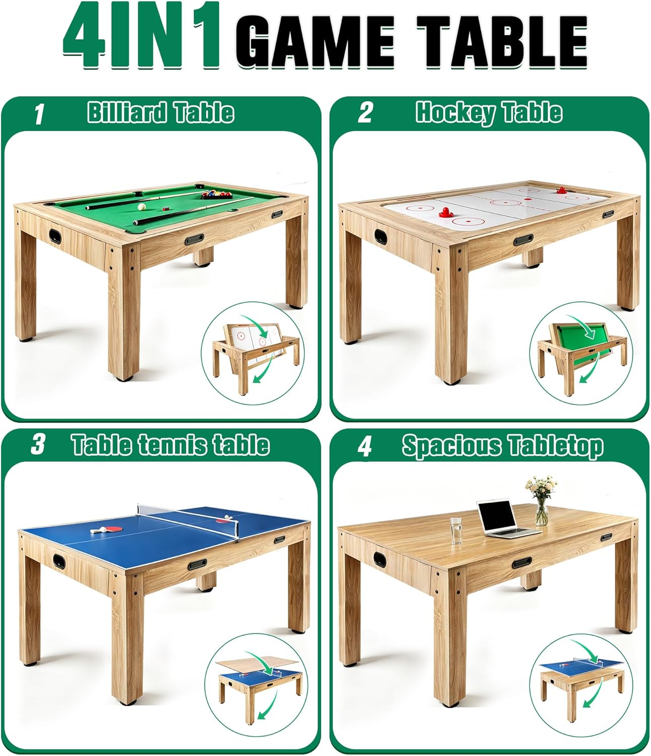 7FT 4-in-1 Multi Game Table, Combo Game Table with Billiards, Air Hockey, Ping Pong & Dining Table, Wood Game Room Table with All Accessories for Home, Family, Adults & Kids
